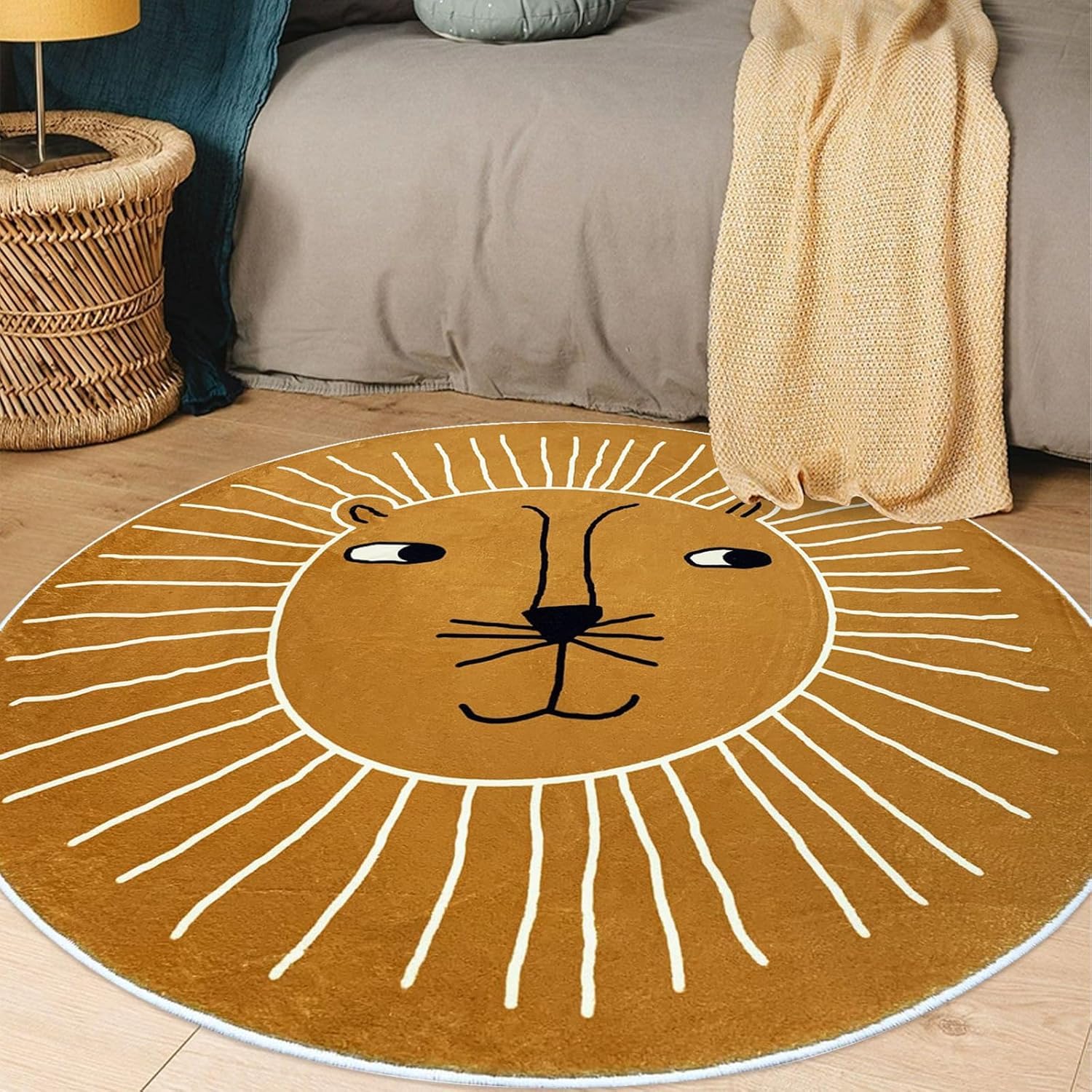 Cartoon Lion Round Rug, 150cm Fun Playful Jungle Circle Rug, Soft Non-Slip Brown Lion Kids Play Mat, Children's Crawling Carpet, Non-Slip Rugs for Boys and Girls Computer Chairs Bedsides