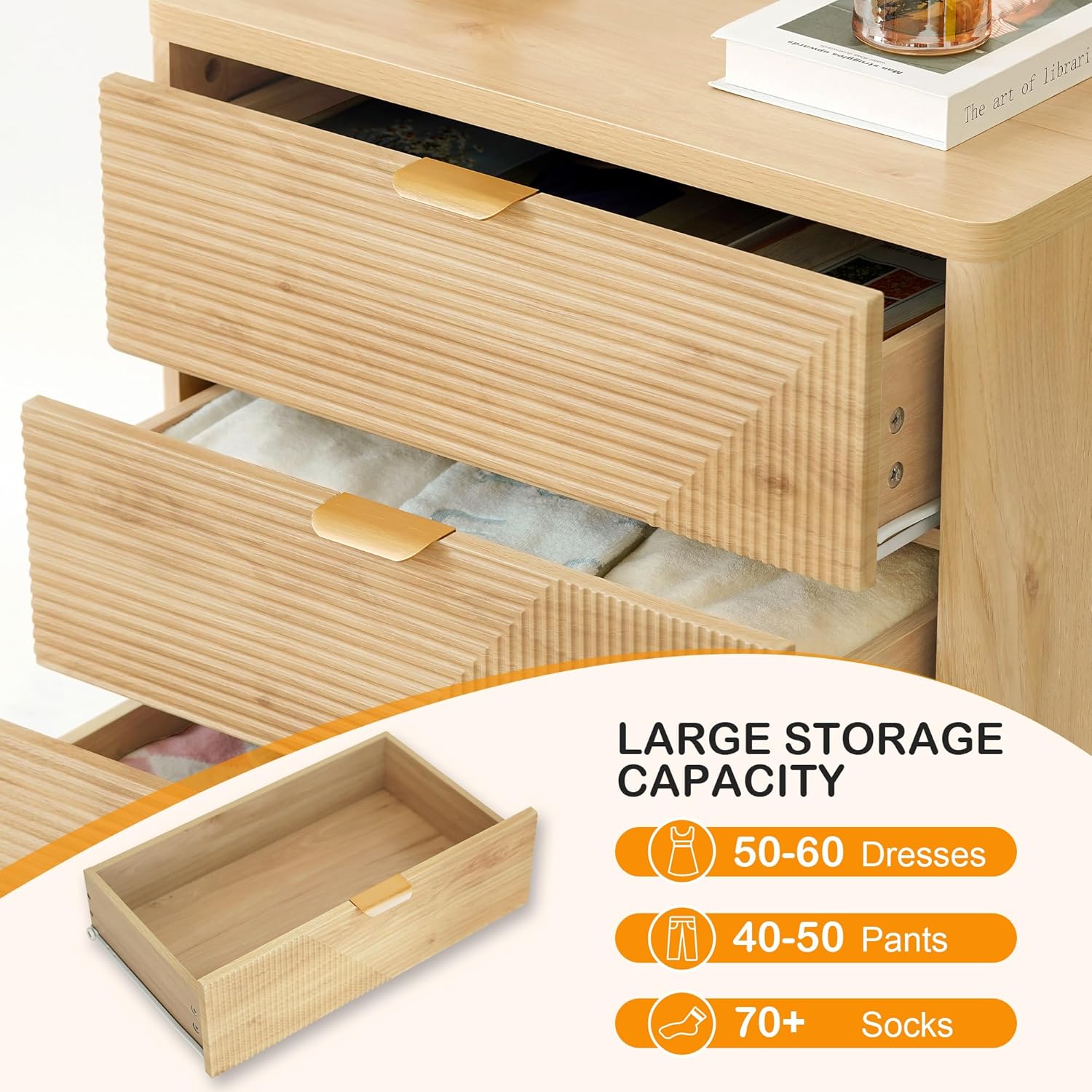 3 Drawer Fluted Nightstand for Bedroom, Modern Wood Night Stand with Curved Profile, Fluted Dresser & Wood Drawer Organizer for Bedroom and Hallway - Image 4