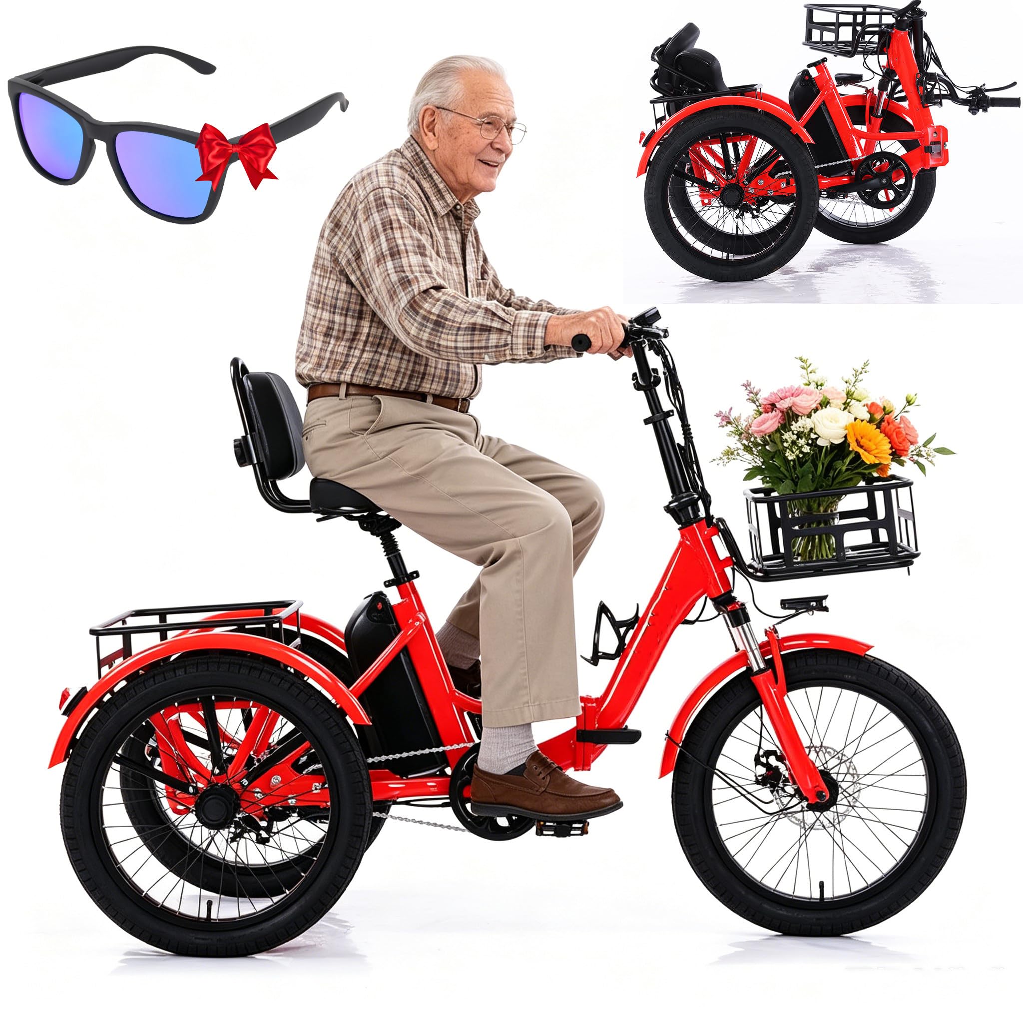 ZhouBSM Electric Tricycle for Adults - 3 Riding Modes, 20 X 2.5 Inch Fat Tyres, Aluminium Foldable E-Bike, Front & Rear Basket, Lcd Screen, 48V 13Ah Battery, For Elderly, Aldult Red