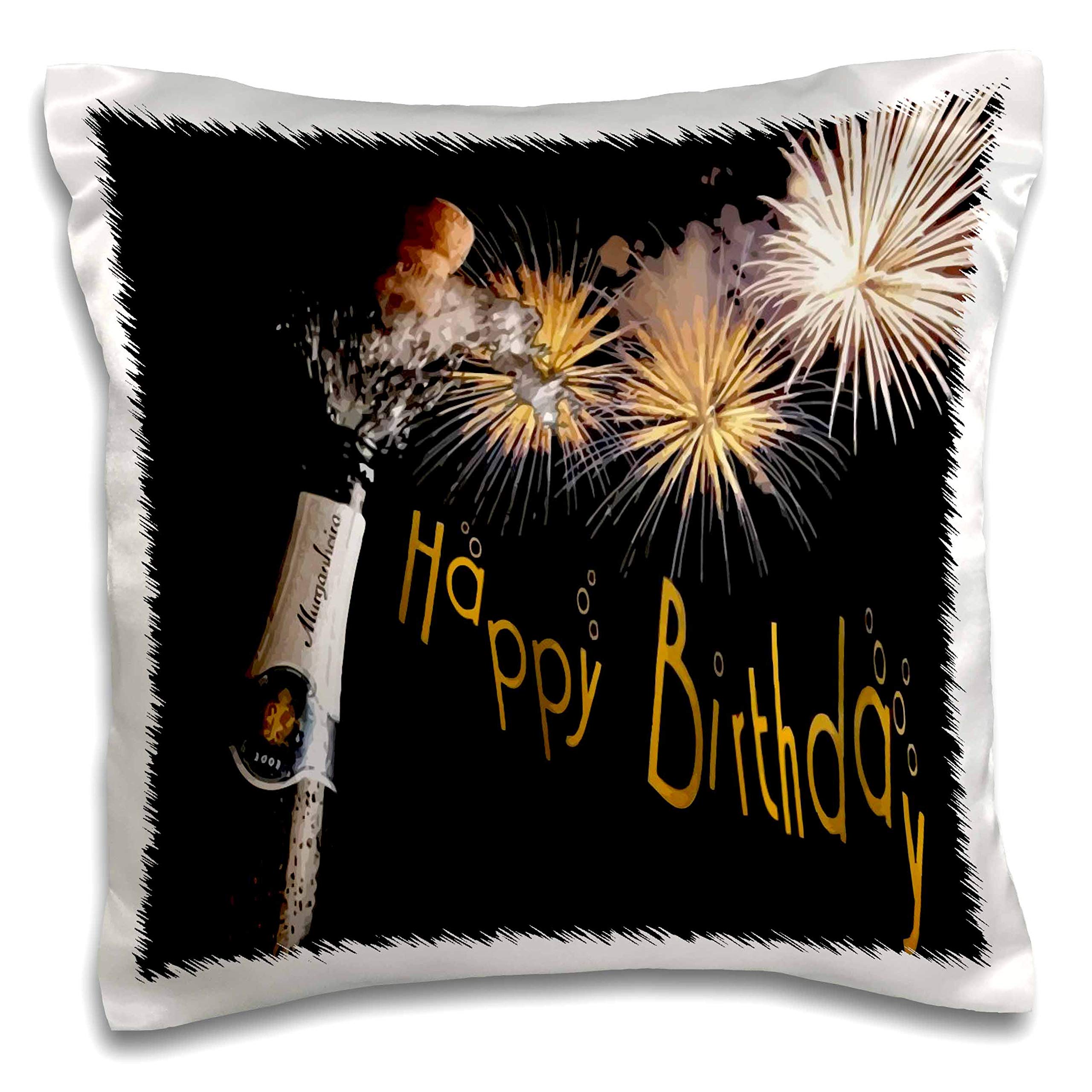 3dRose Taiche Digital Art Exploding Cork and Fireworks on Black with Happy Birthday Text (pc-333819-1) Pillow Case, White