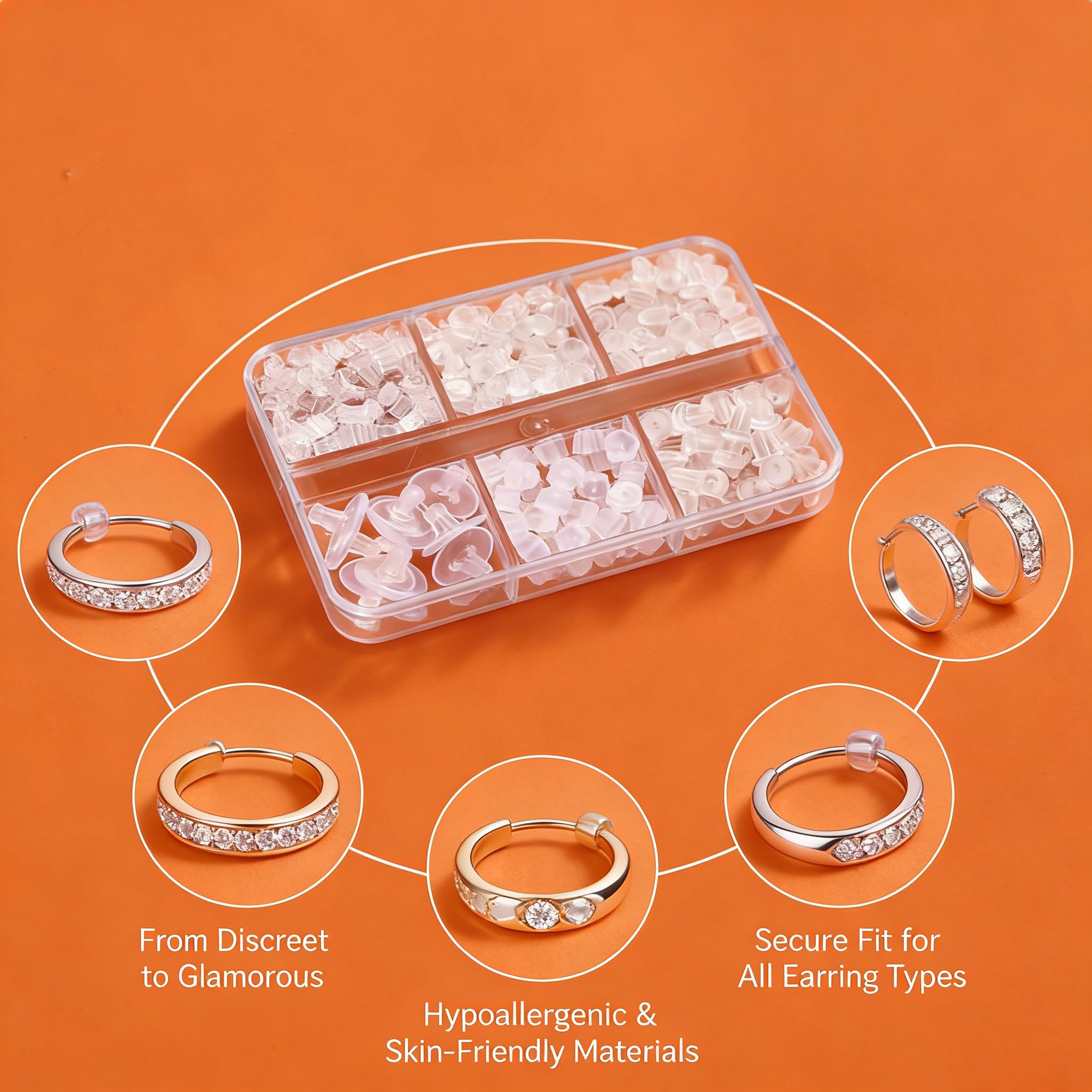 288 piezas 6 estilos de cierres transparentes para aretes, tapones de bala de silicona hipoalergénicos para orejas sensibles, joyería DIY y reparación de aretes, con caja de almacenamiento — view 4