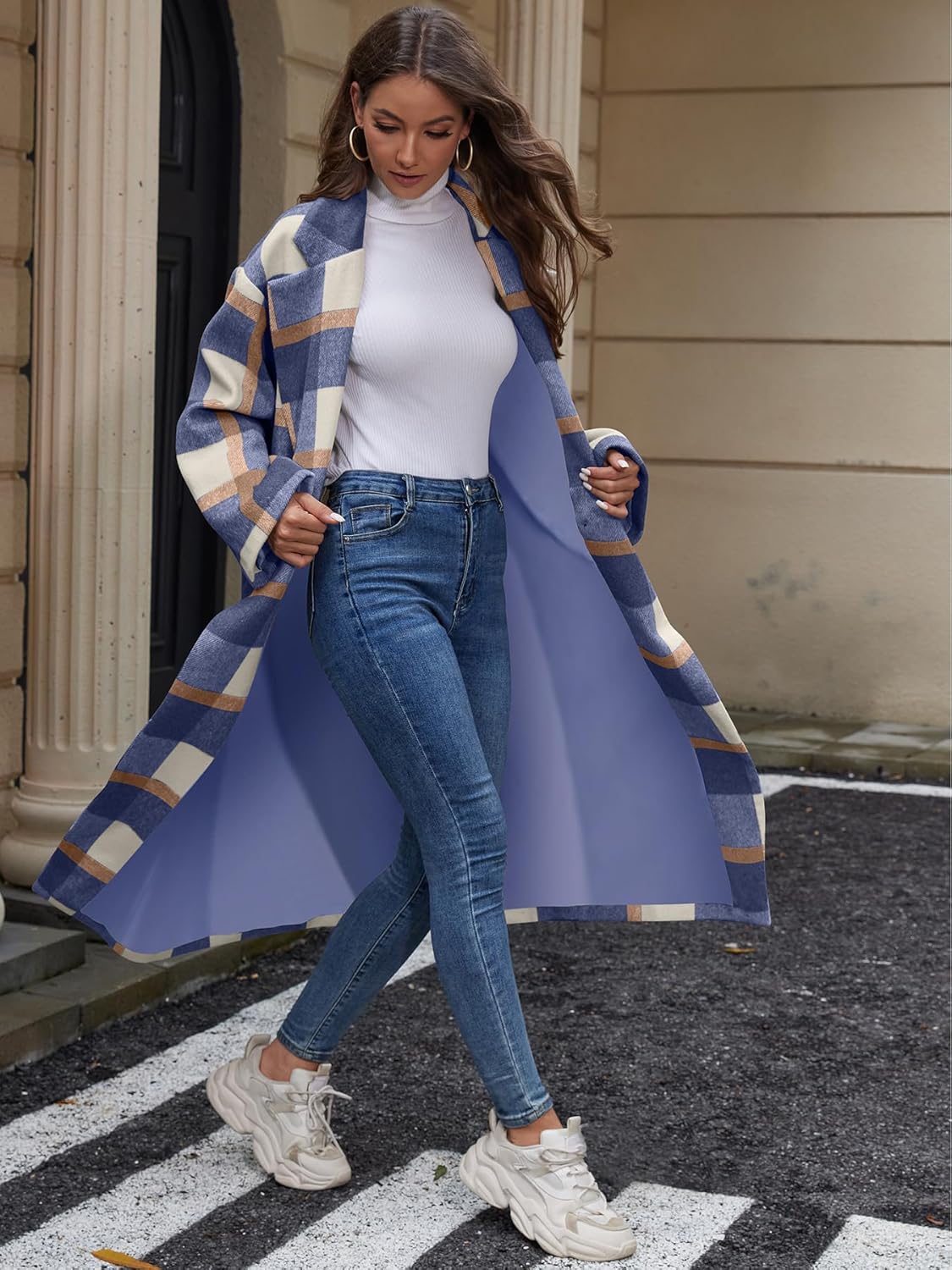 Women's Oversized Plaid Wool Coat Casual Lapel Collar Double Breasted Winter Long Pea Coat with Pockets - Image 5