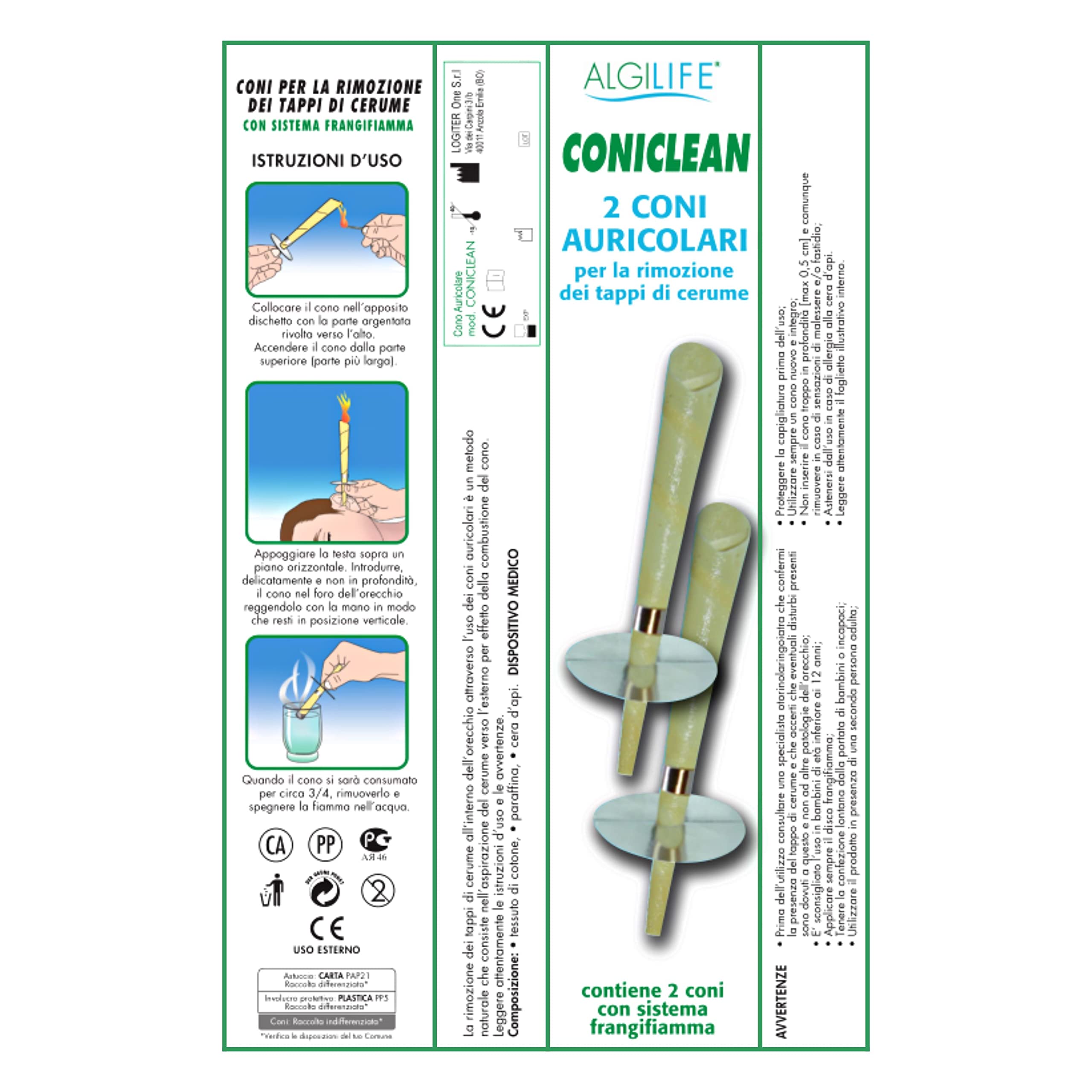 ALGILIFE ConiClean Coni Orecchie Cerume con Cera d'Api, Pulizia Orecchie Adulti con Filtro Frangifiamme, Candele Auricolari per Rimozione Tappi di Cerume Naturali e Sicure (2 coni auricolari)