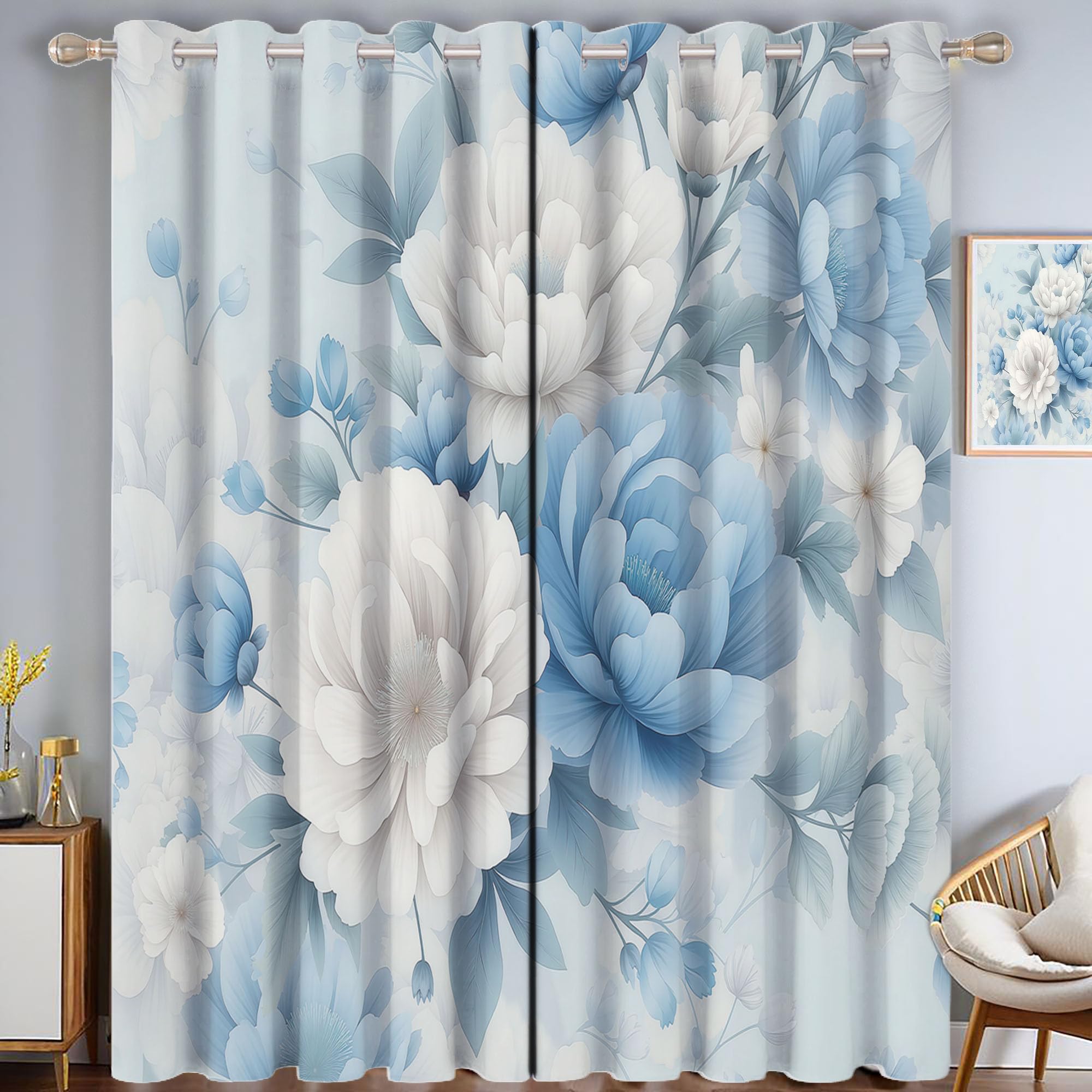 Rideaux à oeillets imprimés bleu blanc pivoine 140x260cm