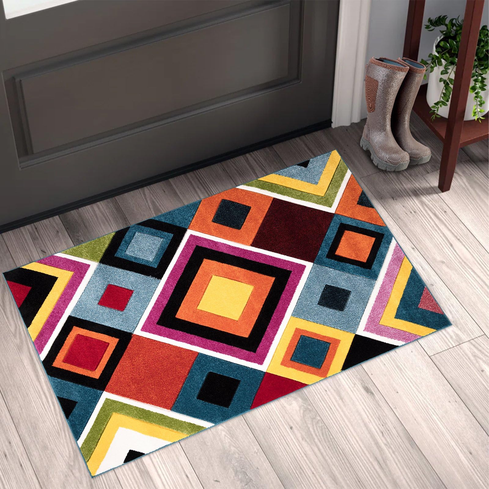 renoazul® Multicoloured Large Door Mat for Entrance, Hallway and Kitchen, 60 x 110 cm, Box, Soft Thick Pile Fluffy Thick Plush Geometric Pattern Mat