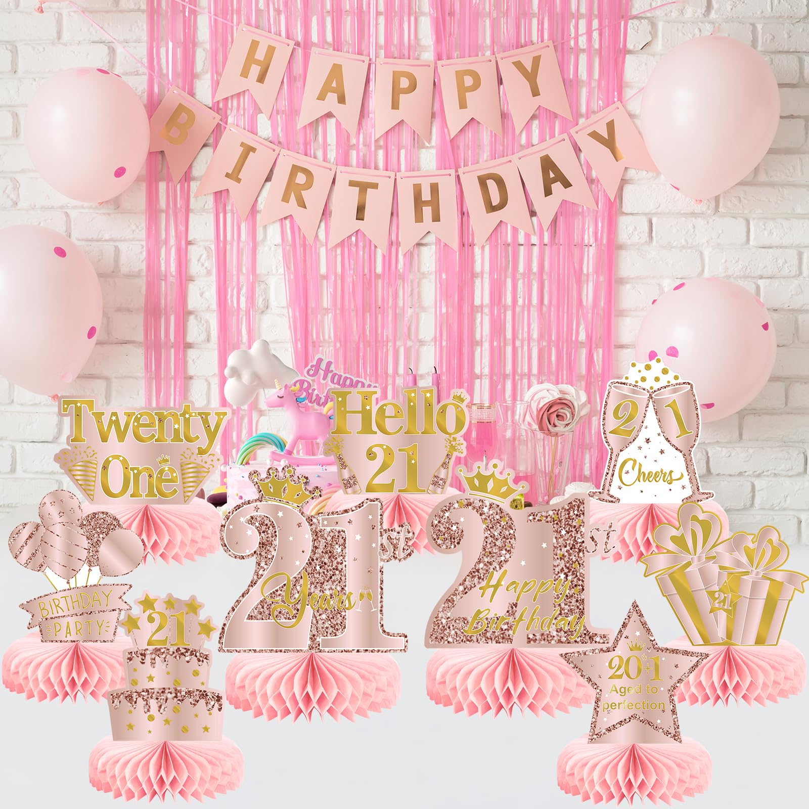 Snapklik.com : 9Pcs 21st Birthday Decorations Pink Rose Gold Honeycomb