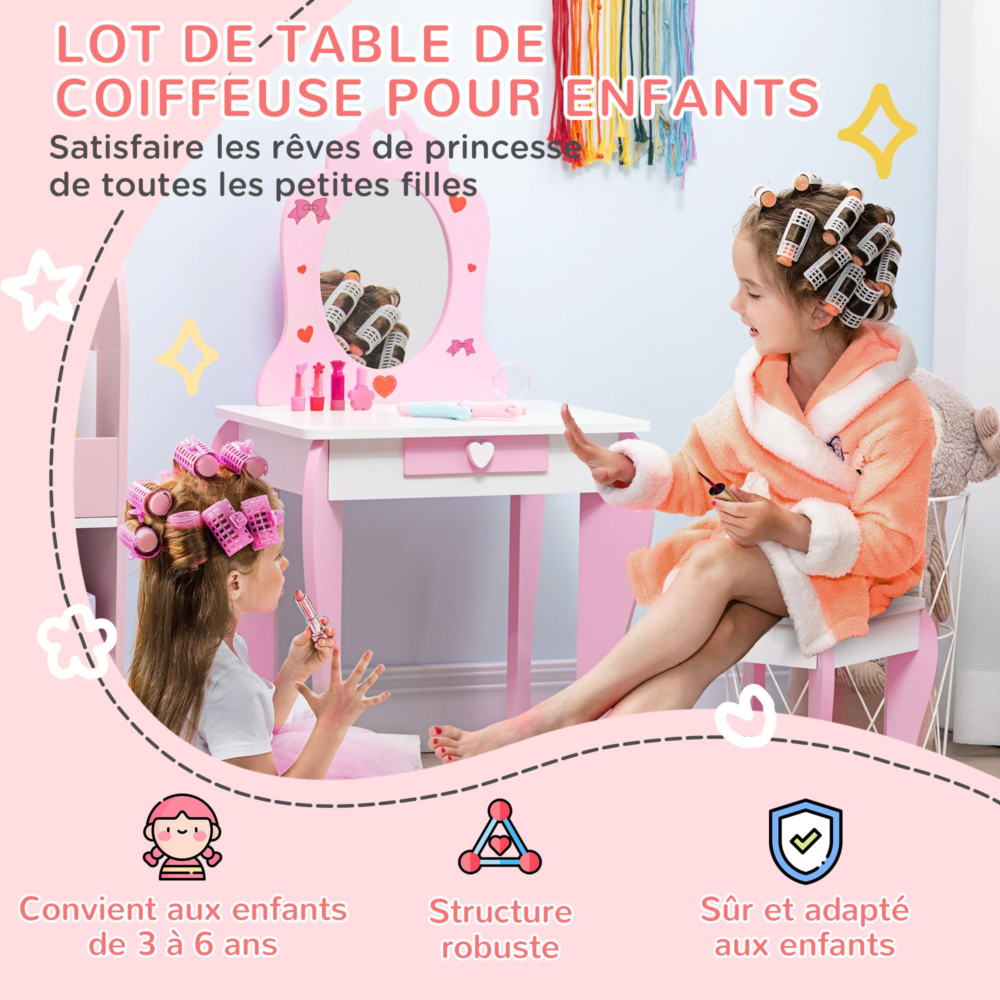 ZONEKIZ Coiffeuse Enfant de 3 à 6 Ans Table de Maquillage avec Tabouret Miroir et tiroir 50 x 36,5 x 89,5 cm Rose