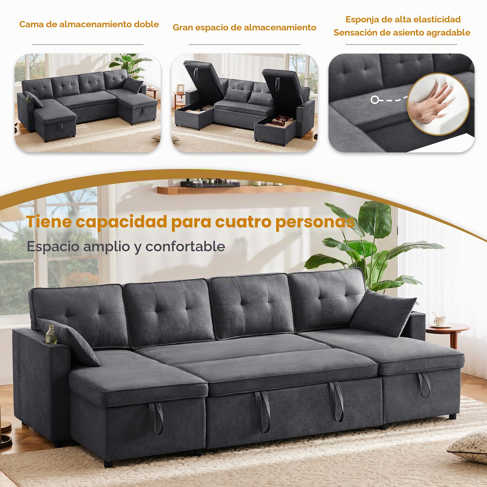 Soweiz Sofá cama tapizado, sofá cama con función de dormir, sofá en forma de U, tela de algodón y lino, con soporte para bebidas, dos espacios de almacenamiento, adecuado para familias, salón (gris)