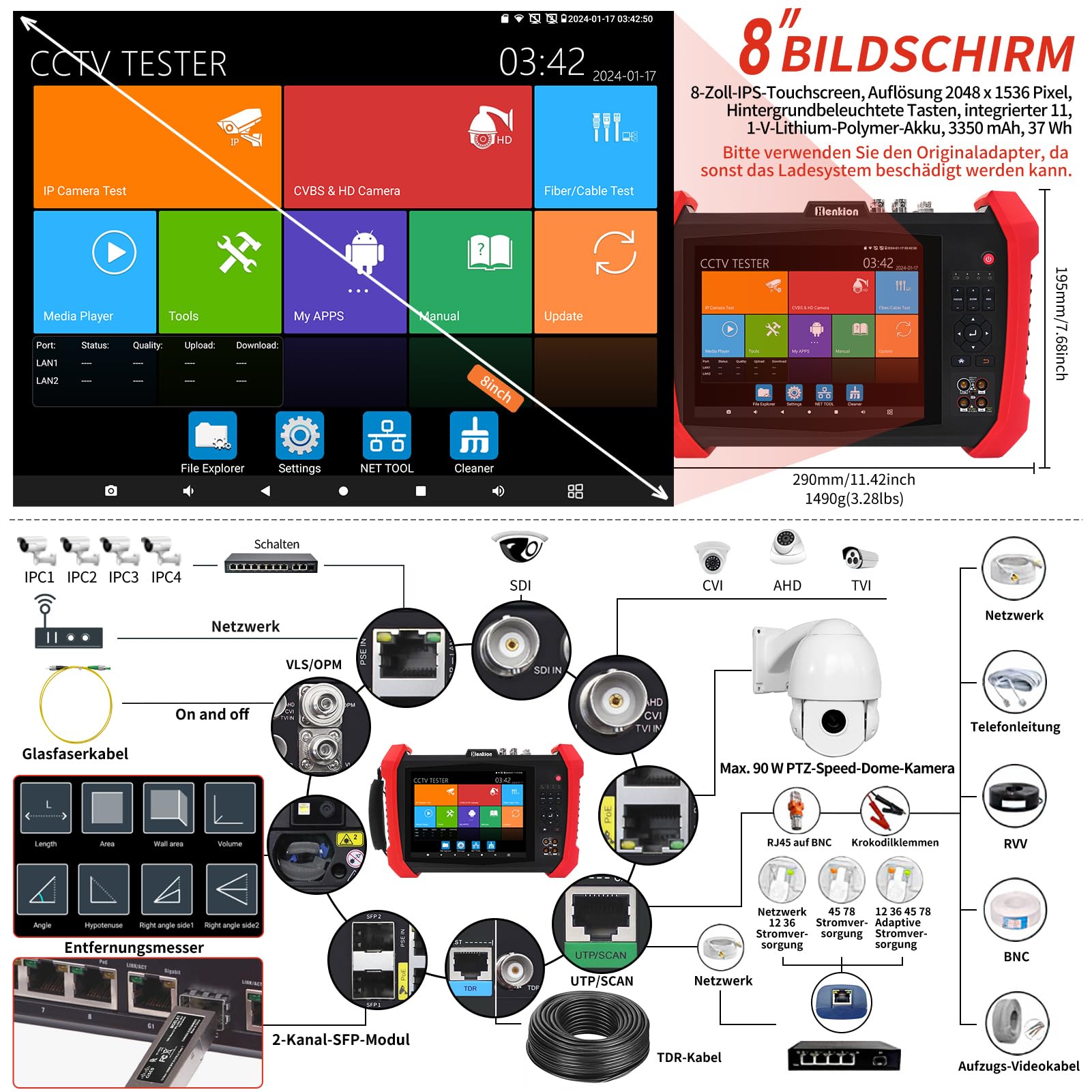 Henkion IPC CCTV Tester H20-MOVTADHSEF 8K 32MP 12MP Telecamera IP Test POE++ Max 90W HD Tester fotocamera 8MP TVI/CVI/AHD/SDI/CVBS DMM TDR WiFi Network Tools RJ45 Cavo Tester 2CH SFP Port HD VGA