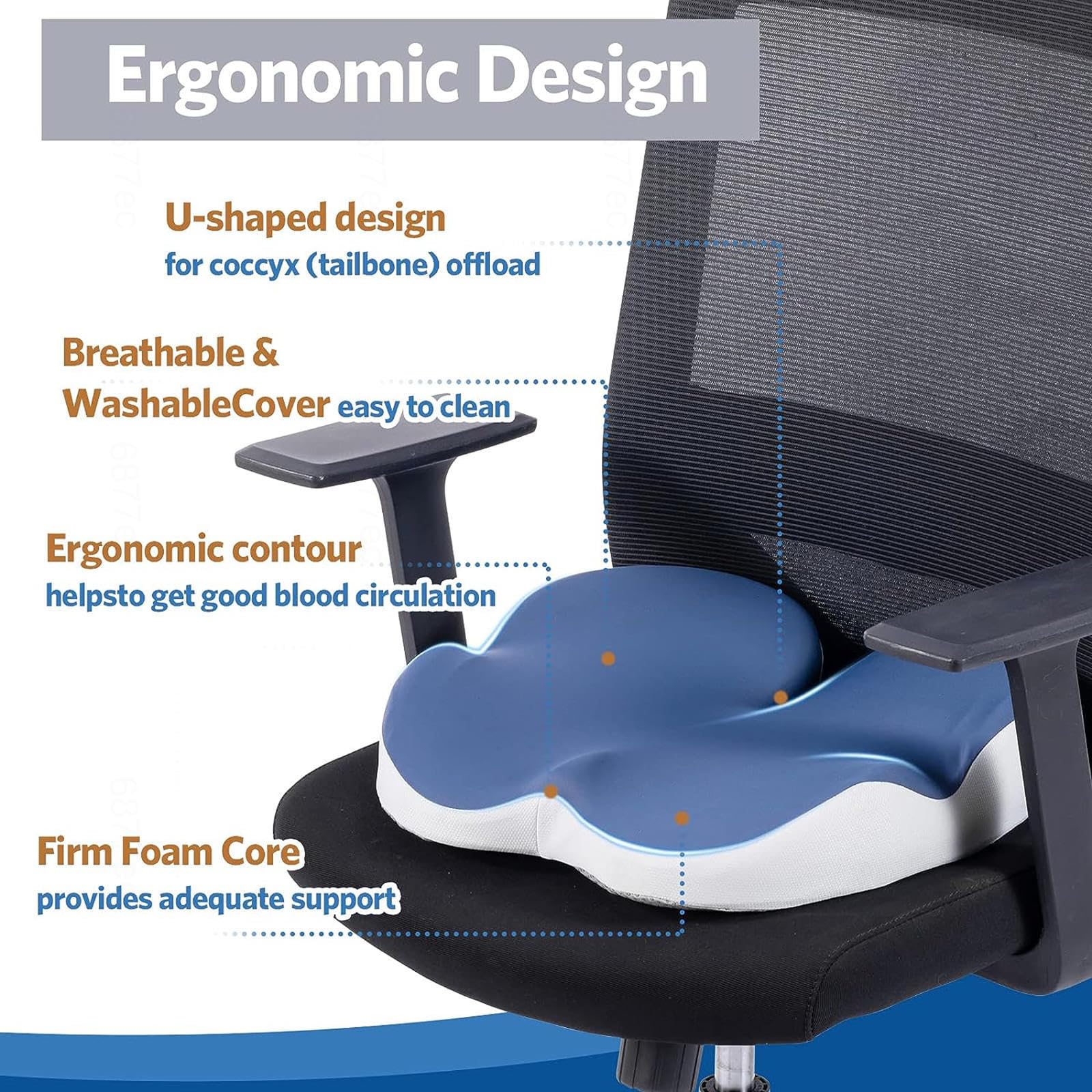 HAZARA Cojin Antiescaras Lavable Ergonómico Cojin Hemorroides para El Dolor De Coxis,Alivio del Dolor De Espalda,B-Blue