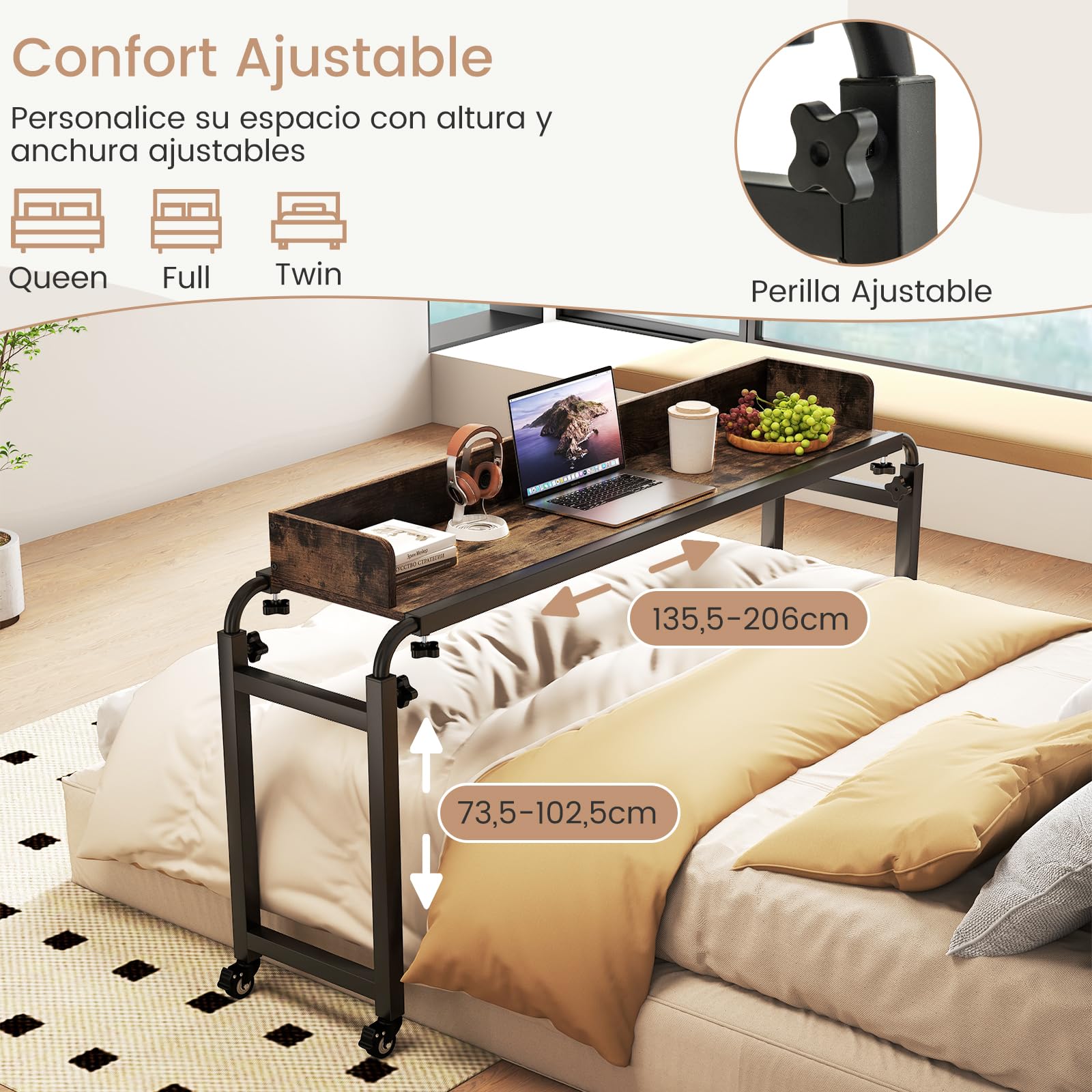 GIANTEX Mesa de Sobrecama con 4 Ruedas, Escritorio Auxiliar con Altura y Ancho Ajustables, Tablero con Borde Anticaído, Estilo Industrial, Mesa Bandeja para Dormitorio, Salón