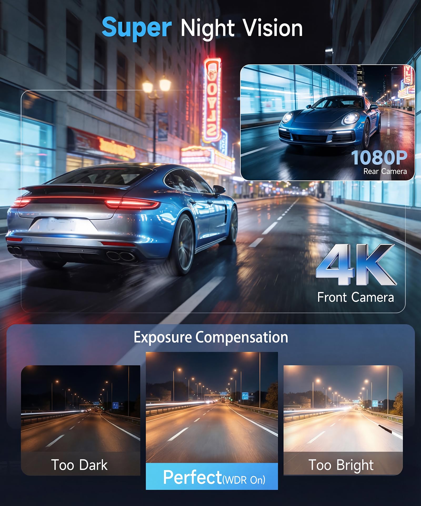 VECHTEL Kamera samochodowa 4K Wi-Fi z aplikacją 1080p, kamera samochodowa, ekran IPS 3,16", kamera na deskę rozdzielczą z ultra noktowizorem, karta 64 GB, monitorowanie parkowania 24 h, czujnik G