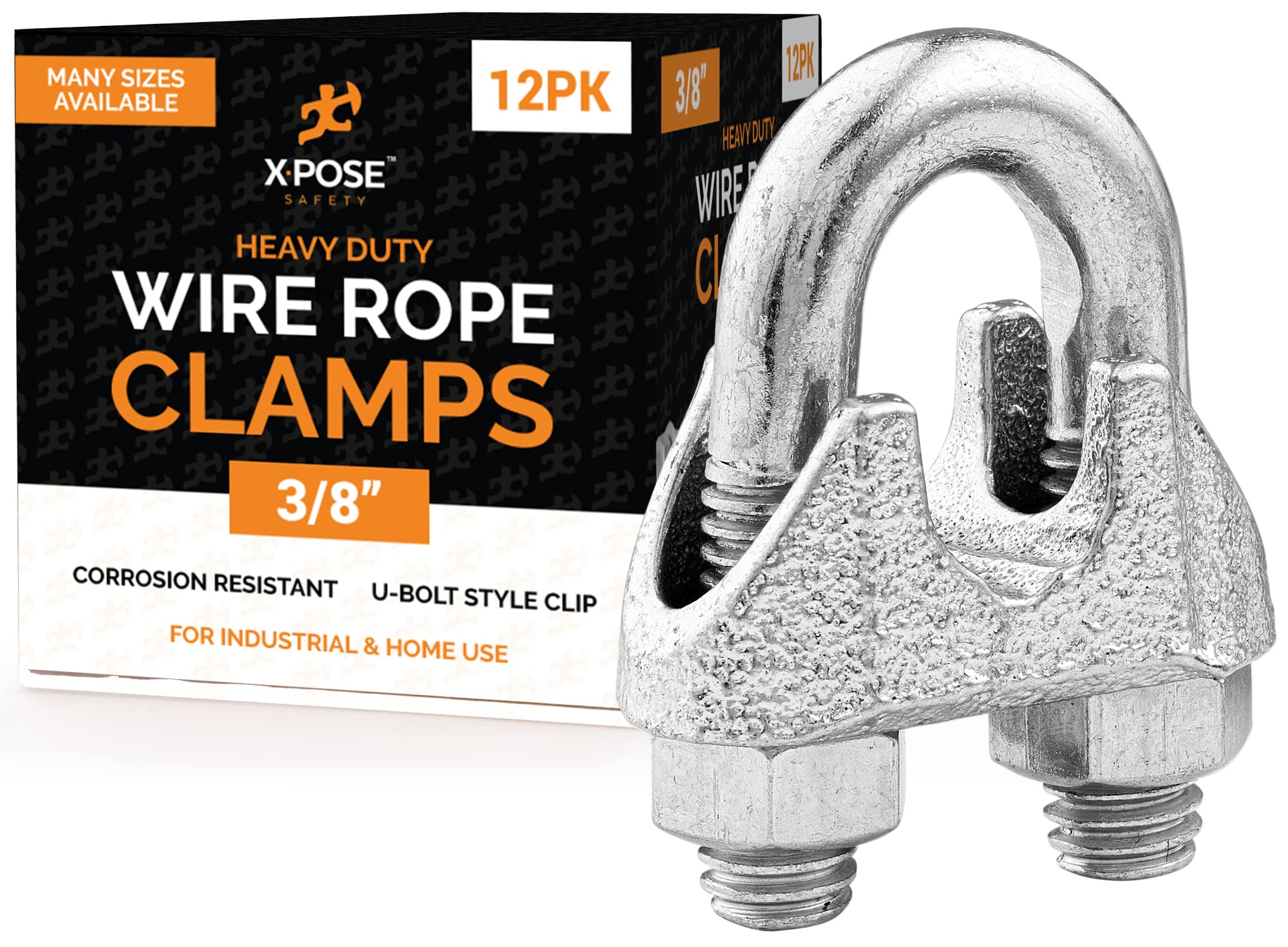 Wire Rope Clamp for Stainless Steel Wire Rope - 3/8" Galvanized U Bolt Style Cable Clips - for Guy Line, Metal Fence, Antenna, Clothesline, Rigging Hardware, Batting Cage - by Xpose Safety Pack of 12