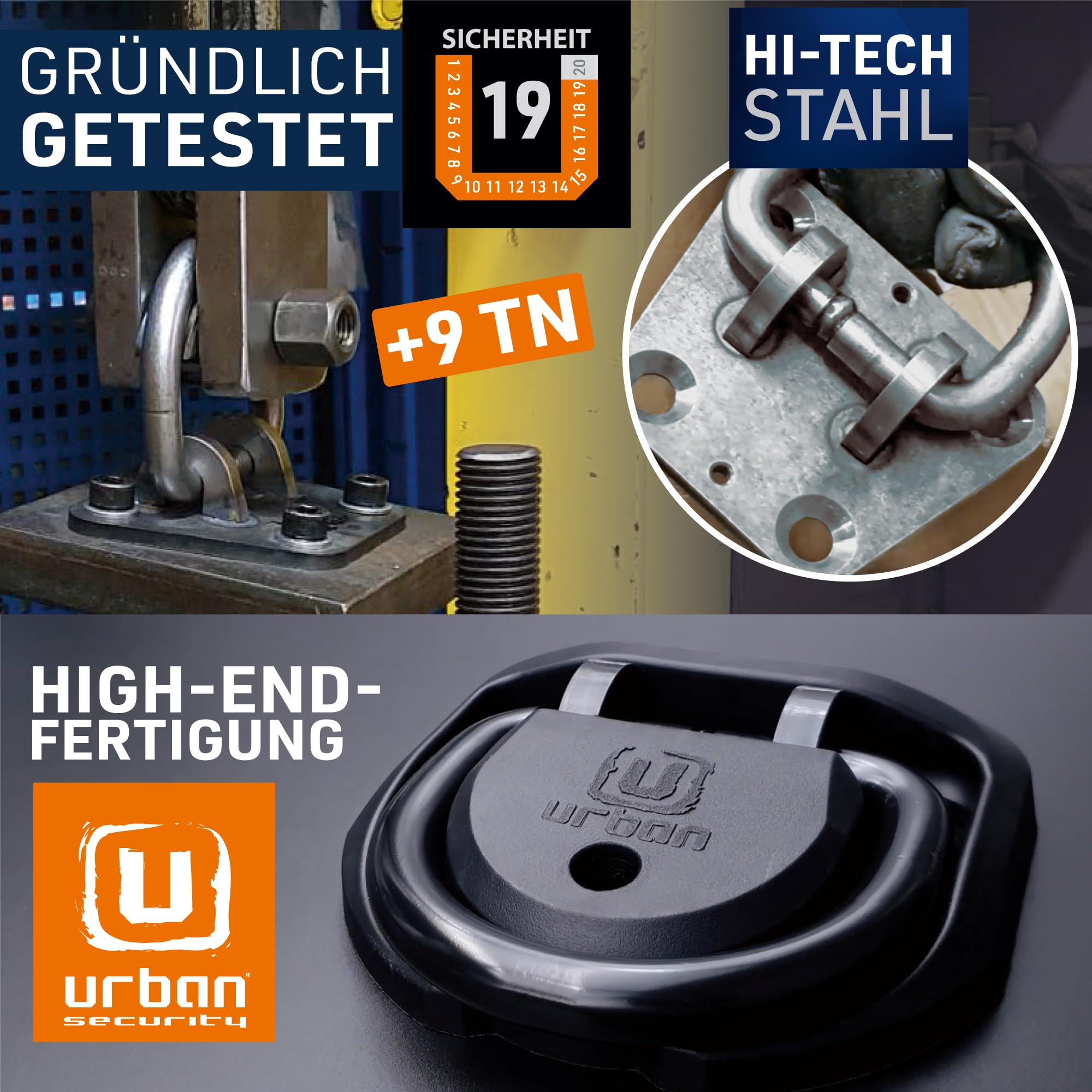 urban UR56 Bodenanker Höchster Sicherheit, Gründlich Getestet, Stärkerem ø16 Speziell Gehärteter Stahl Schwenkschäkel, Exklusives Hochwertiges Design, 4 Ankerpunkte, Wandanker Motorrad Roller Fahrrad