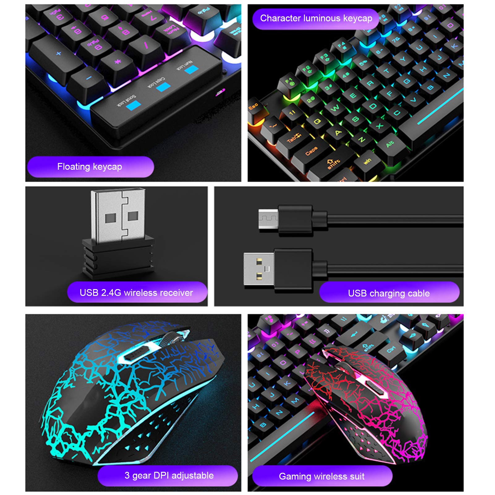 Sxhlseller Kit Tastiera Mouse Professionale Ricarica Wireless Gaming Tastiera Colorata Luminosa Set Tappetino per Mouse Tastiera per Computer Kit Mouse Tastiere da Gioco