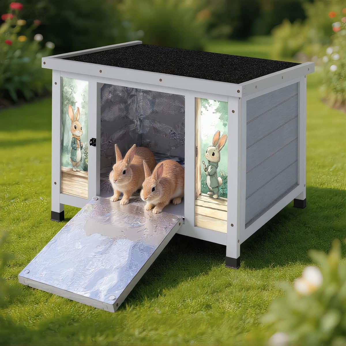 Coziwow Conejera de 24.0 in para uso en interiores y exteriores – Jaula para conejos de madera maciza con forro aislante desmontable, refugio ligero resistente a la intemperie para gatos, conejos, animales pequeños, gris