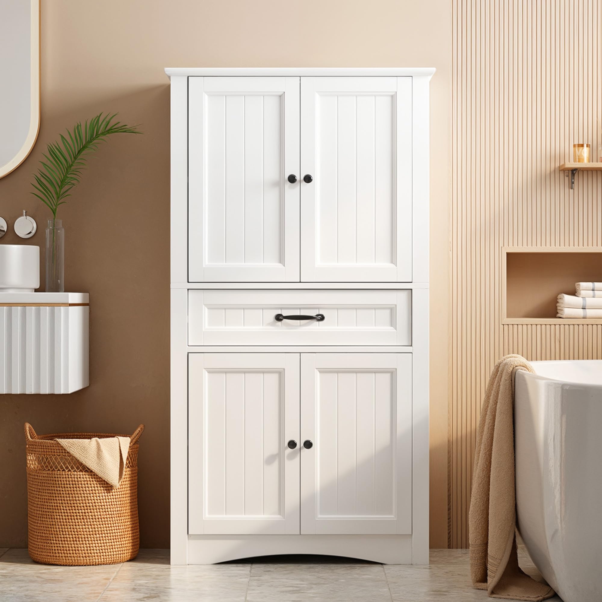 Xbro Mobile Bagno Alto Stretto 31 cm con 2 Ante e 1 Cassetto, Armadio Bagno Salvaspazio con Ripiani Regolabili e Sistema Antiribaltamento, 73x31x132 cm, Bianco