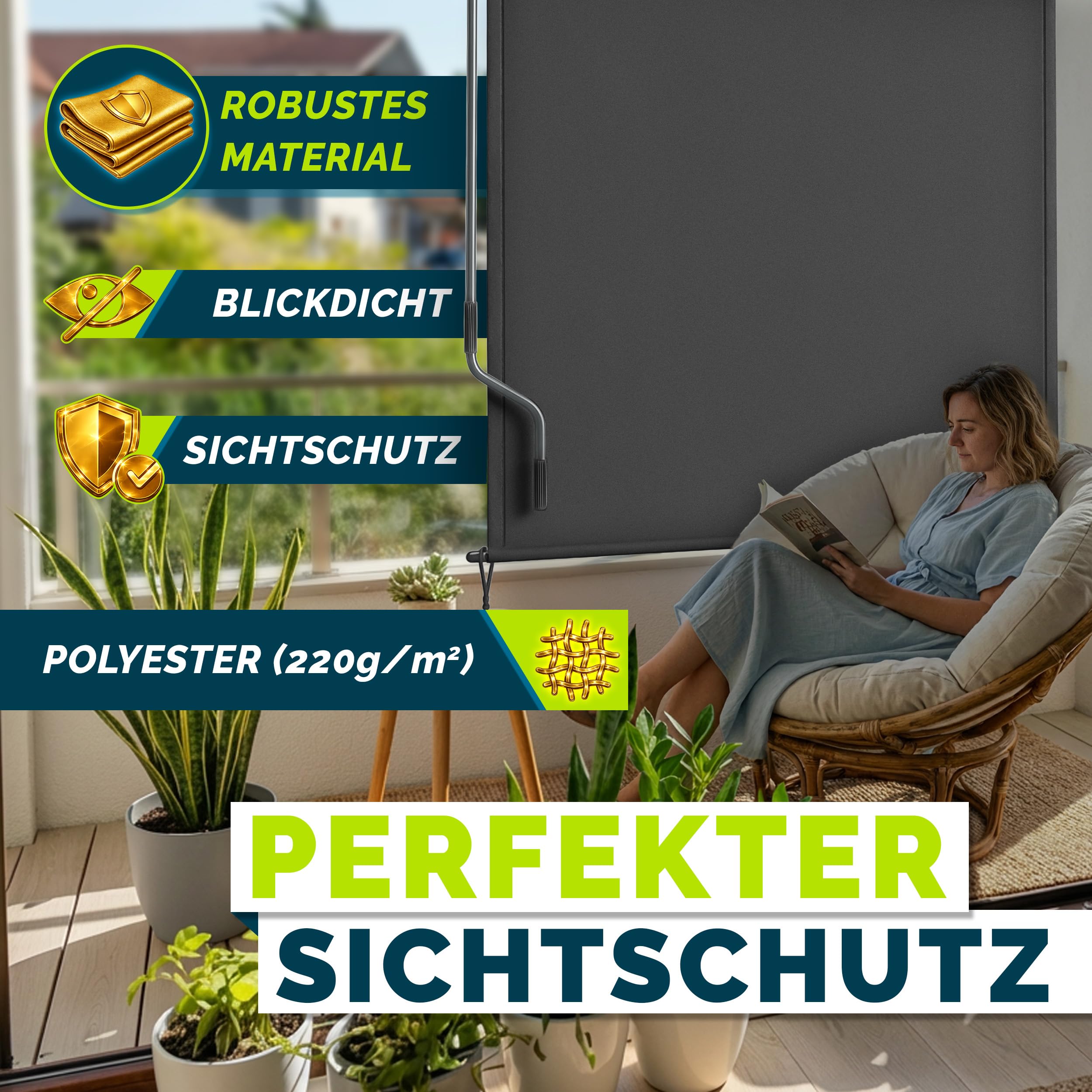 tillvex® Senkrechtmarkise 200 x 250 cm für Außen- und Innenbereich mit Regencover | Außenrollo wasserfest mit Handkurbel für Balkon, Terrasse & Garten | Balkonrollo Sonnenschutz Sichtschutz Aluminium