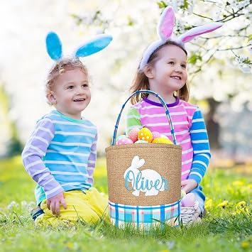 Personalized Easter Basket for Boys and Girls, Embroidered Bunny Egg-hunt Basket with Custom Name, Soft Fillable Gift Bakset, First Easter, Plaid Cloth and Straw, 9, Blue Pink