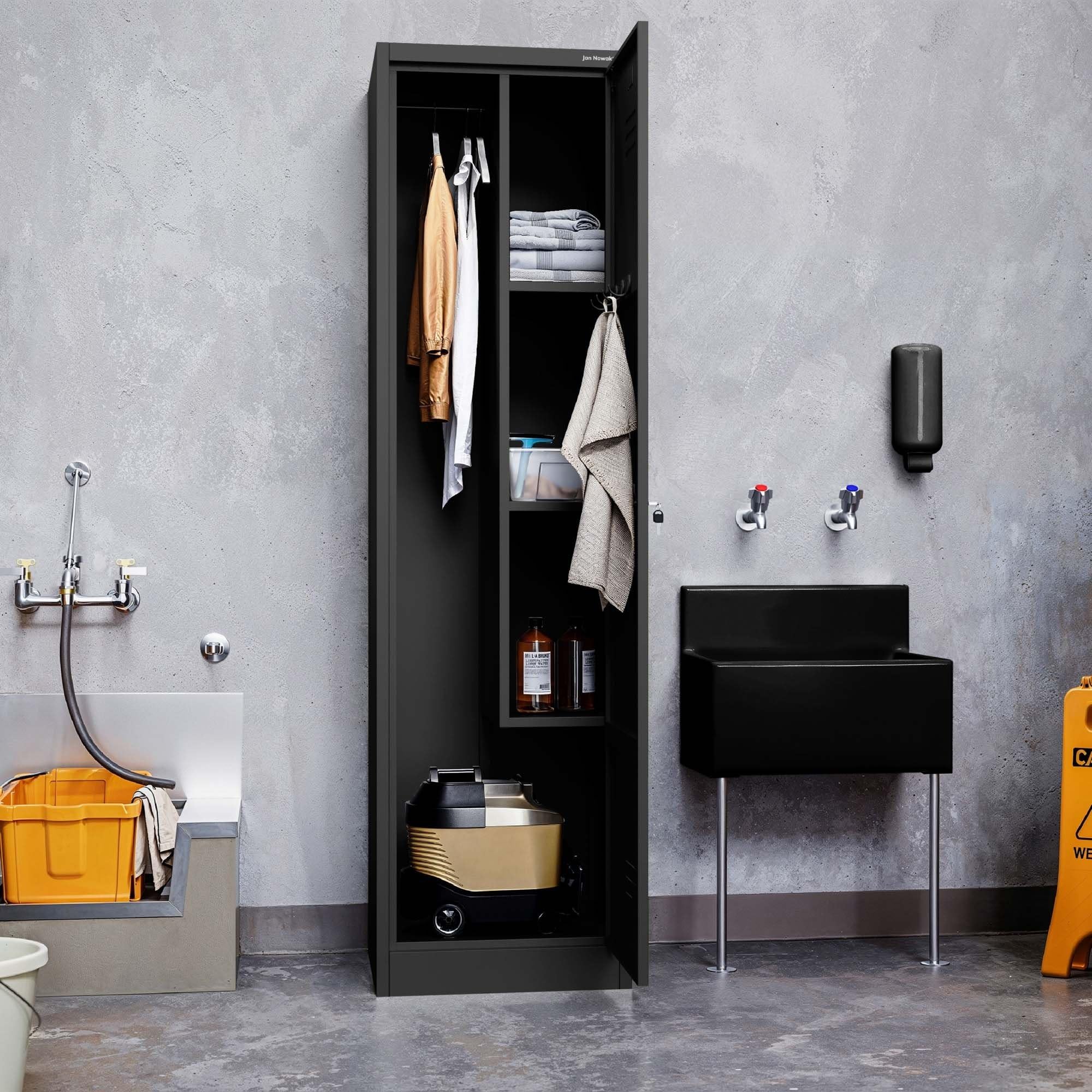 Jan Nowak Armoire de Rangement, Multifonction, Vestiaire Metallique | 185 cm x 50 cm x 50cm | Étagères, Crochets à vêtements | Fentes de Ventilation, Porte-étiquette, Verrouillable, Noir