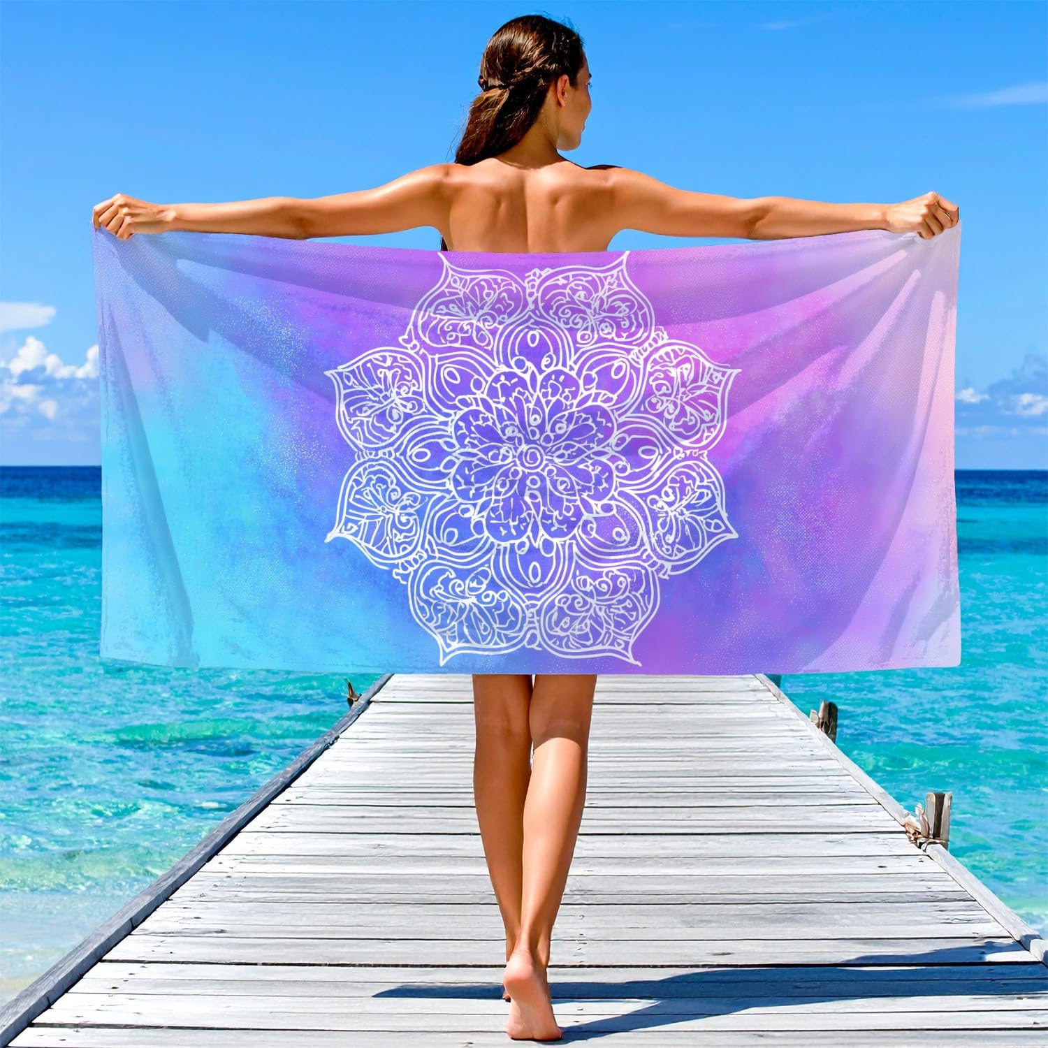 Serviette de Plage Microfibre 200 x 100 CM,Drap de Plage Onirique, Mandala, symétrique, Serein, Couverture de Plage Absorbante,Couverture de Bain Symétrique, pétales, Complexe, esthétique