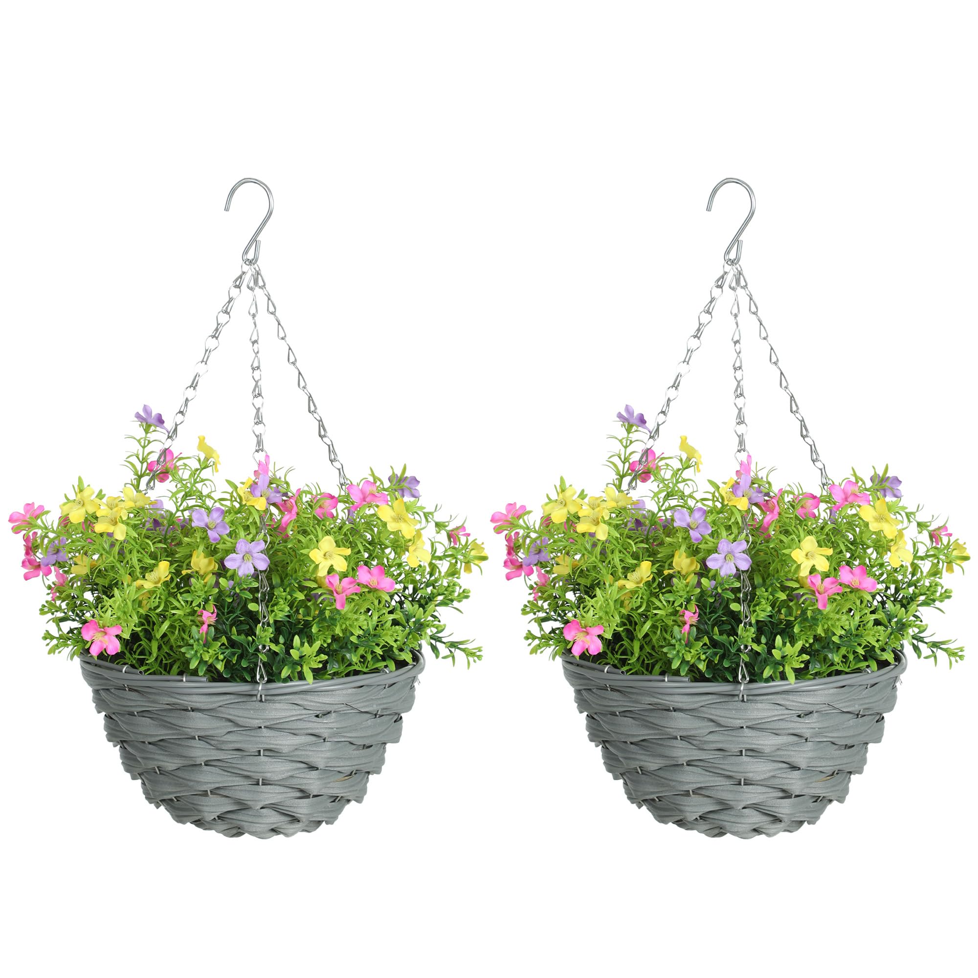 HOMCOM Set of 2 Artificial Cosmos Flowers, Hanging Planters with Basket, PE Leaves, 75 Flowers, Decorative Fake Hanging Plants for Indoor Outdoor Decor
