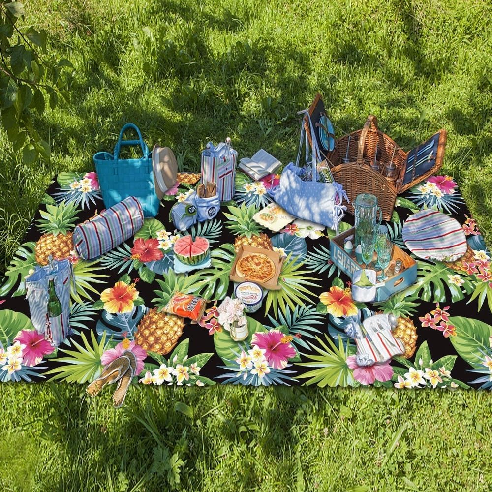 Tropical Tablecloths Rectangular Pineapples Palm Leaves Flowers Table Cloth Hawaiian Luau Fabric Table Cover for Summer Beach Picnic Birthday Party Supplies Dining Tabletop Decoration 52x70inch