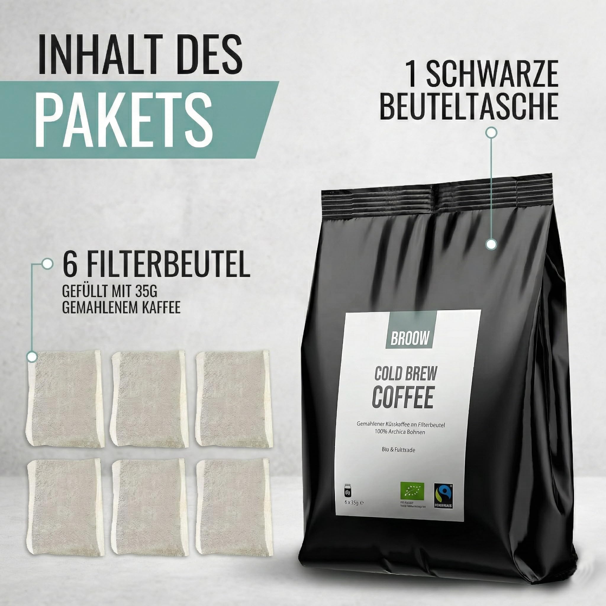 broow Kawa na zimno | Bio & Fairtrade | kawa mielona w worku filtrującym | DE-ÖKO-006 (1 x opakowanie)