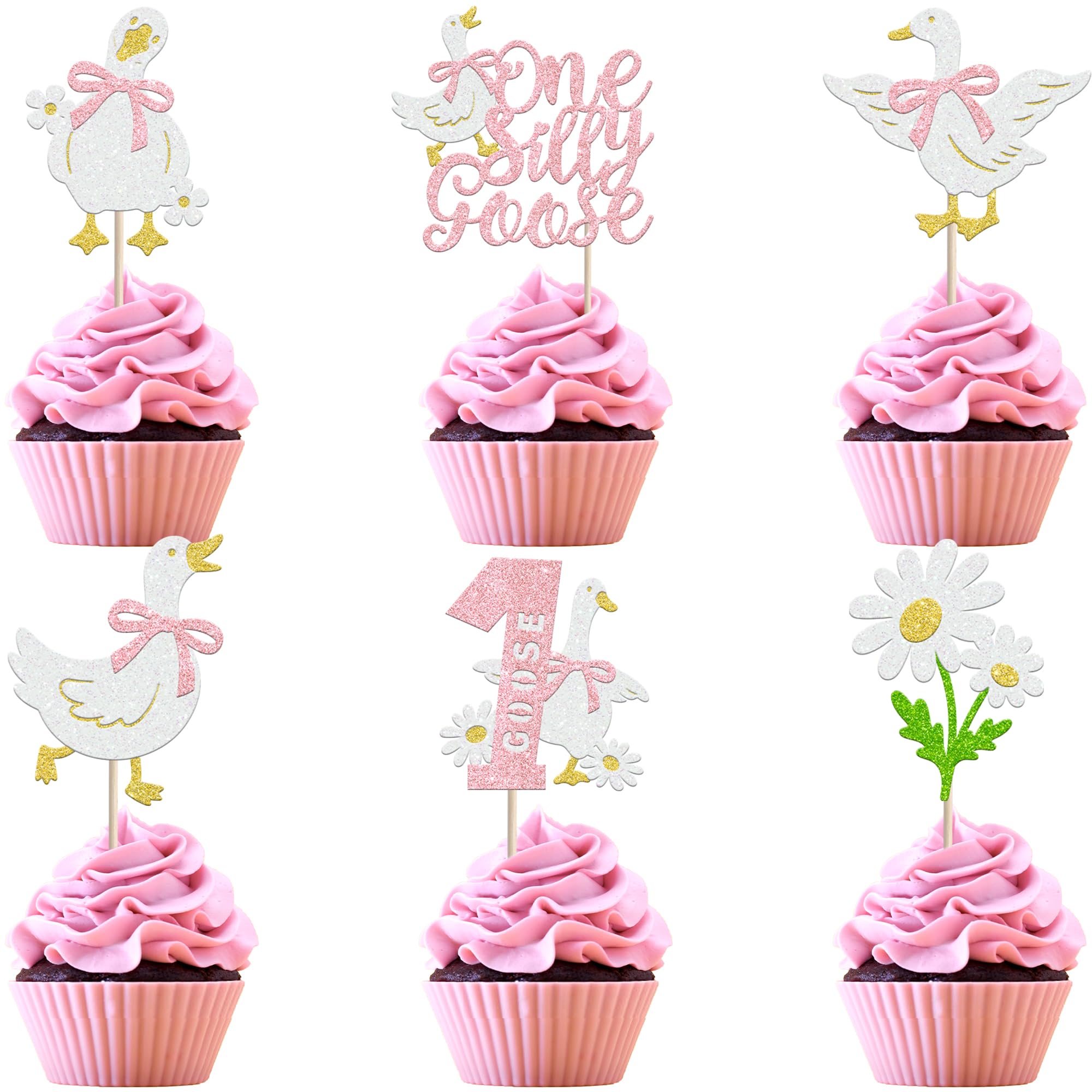 SYKYCTCY 24 Pack One Silly Goose Cupcake Toppers Goose First Birthday Cupcake Picks Silly Goose 1st Birthday Cake Decorations for One Silly Goose Baby Shower First Birthday Party Supplies Light Pink