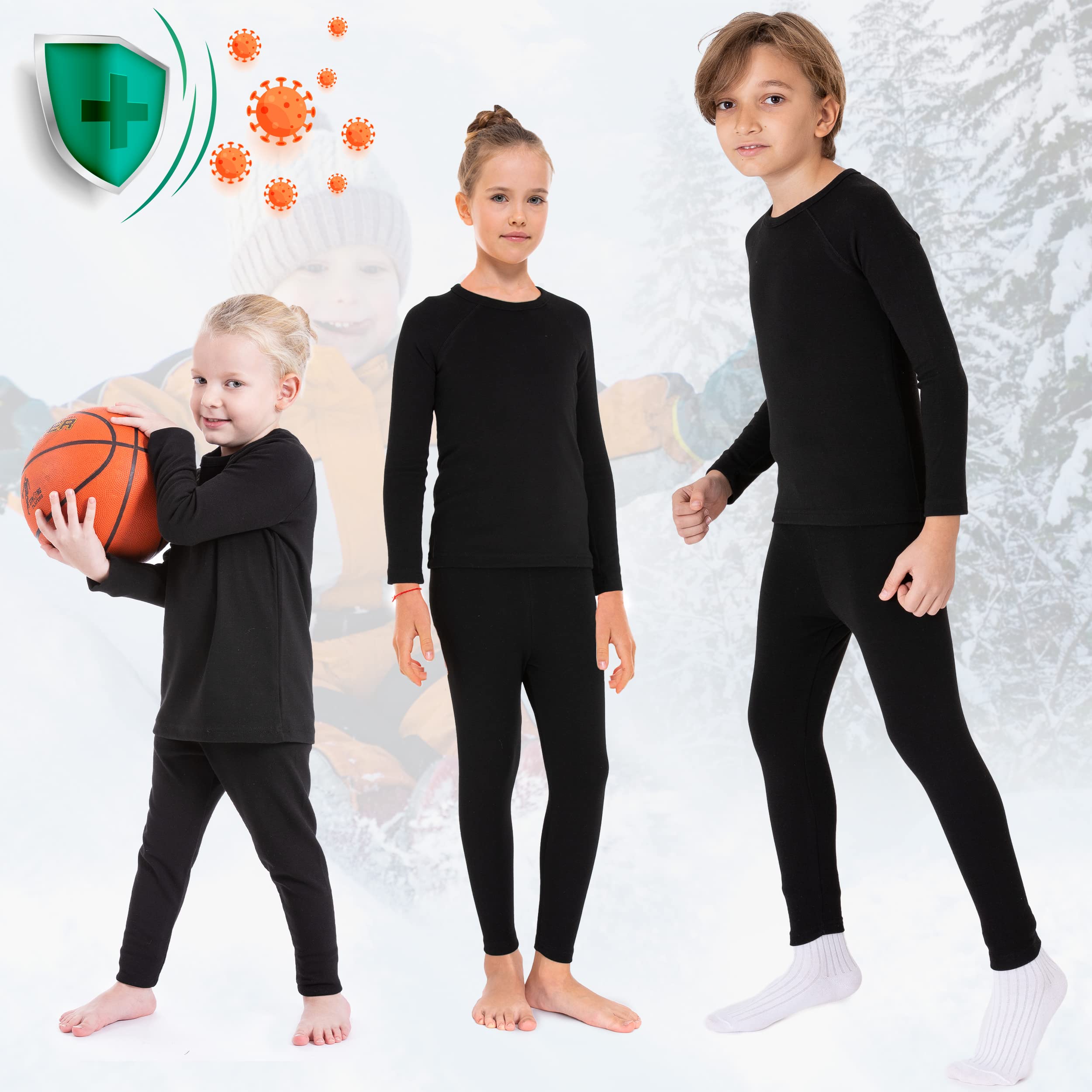 LOREZA® 2 Enfants Garçons Filles Thermique Legging sous-vêtements avec Polaire Chaud uni