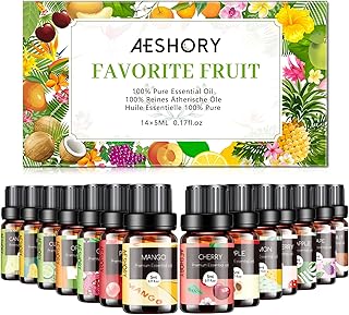 Fruity Essential Oils Set - TOP 14 Fragrance Oil for Diffusers, Candle Making Includes Strawberry, Apple, Pineapple, Cucumber Melon, Cherry, Mango, Lemon, and Orange Scented Aromatherapy Oils (5ml)