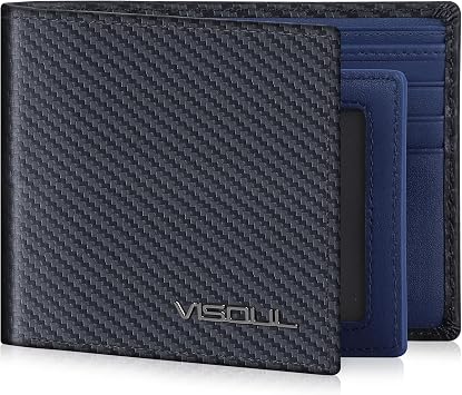 VISOUL Leather Mens Bifold RFID Blocking Wallet with 2 ID Windows, Leather Wallet for Men Carbon Fiber, Black+Blue