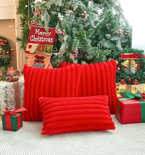 Miniatura 38 de Juego de 2 fundas de almohada decorativas de piel sintética de 18 x 18 pulgadas, fundas de almohada suaves de rayas blancas crema para sofá, cama