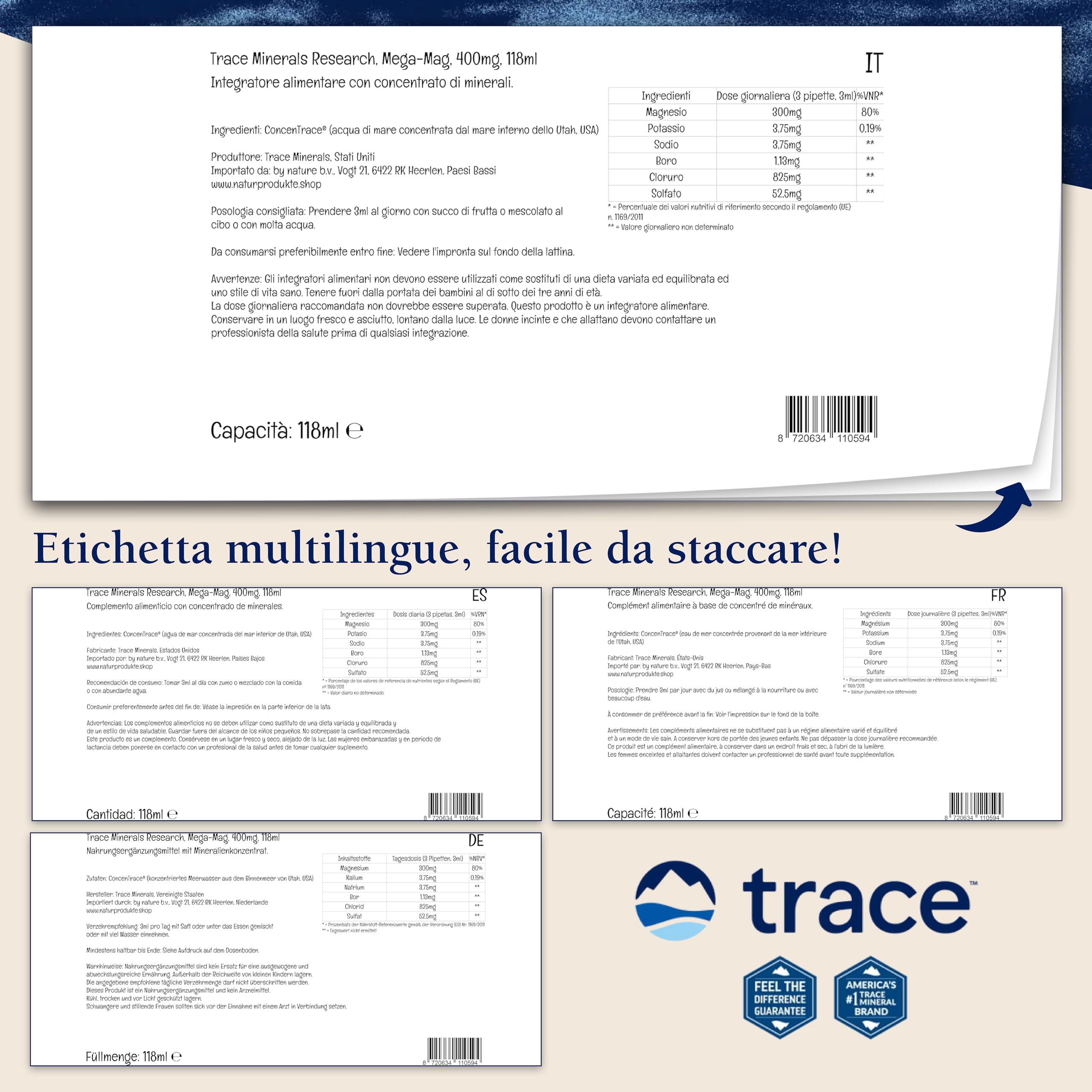 Trace Minerals, Mega-Mag, 400 mg, Confezione Doppia 2 x 118 ml, Magnesio, Testato in Laboratorio, Senza Soia, Senza Glutine, Non-GMO, Vegan
