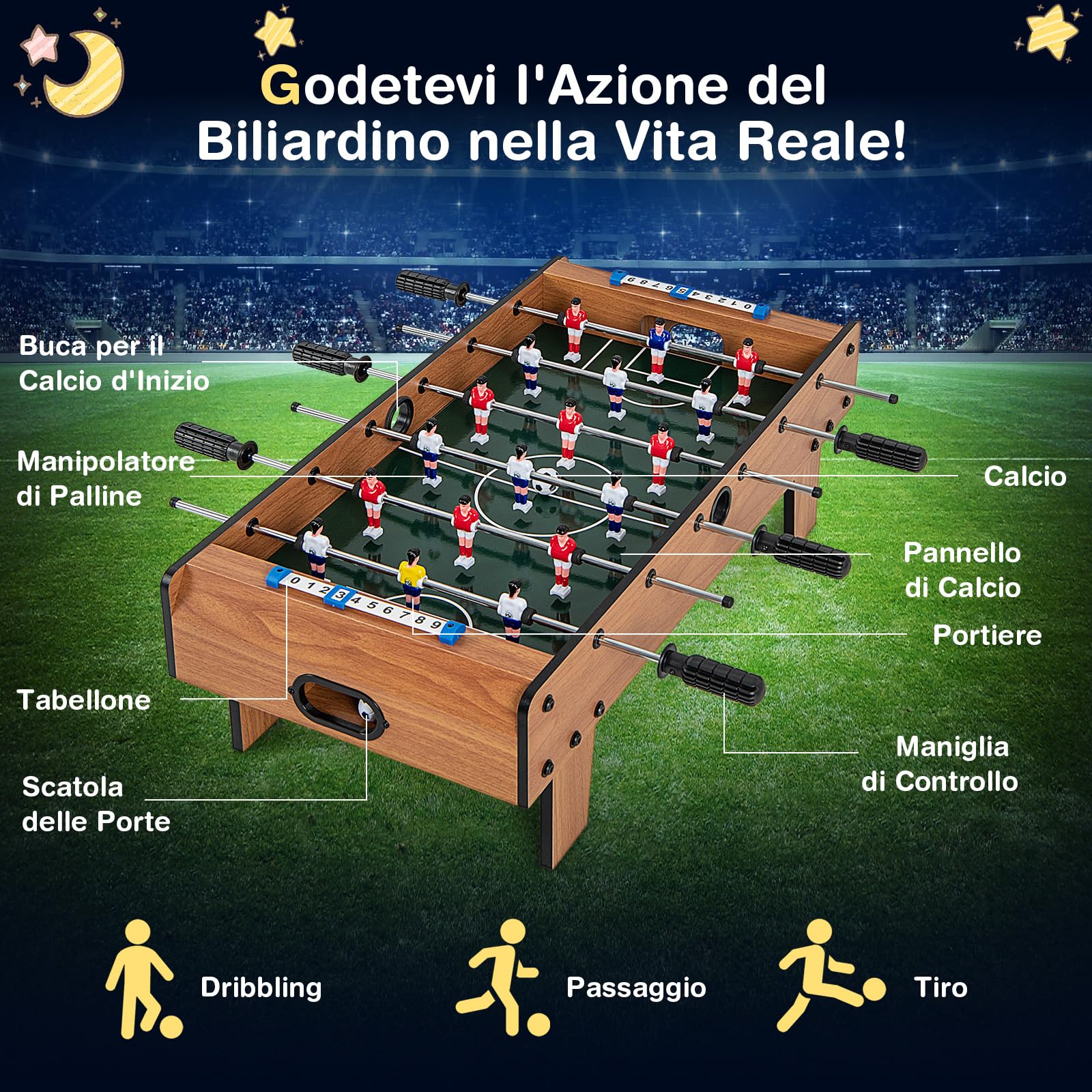 COSTWAY Calcio Balilla da Tavolo Salvaspazio per Bambini e Adulti | Calcetto da Tavolo con 18 Giocatori e 2 Palloni, Biliardino per Casa Feste Bar, 69 x 36 x 24 cm
