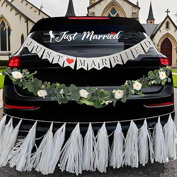 4PCS Just Married Wedding Car Decorations Kit with Greenery Vine Removable Banner Paper Tassel Static Cling Window Sticker for Bride and Groom Honeymoon Getaway Send Off Vehicle Decor