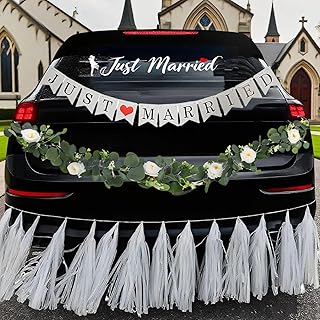 4PCS Just Married Wedding Car Decorations Kit with Greenery Vine Removable Banner Paper Tassel Static Cling Window Sticker for Bride and Groom Honeymoon Getaway Send Off Vehicle Decor