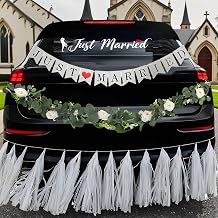 4PCS Just Married Wedding Car Decorations Kit with Greenery Vine Removable Banner Paper Tassel Static Cling Window Sticker for Bride and Groom Honeymoon Getaway Send Off Vehicle Decor
