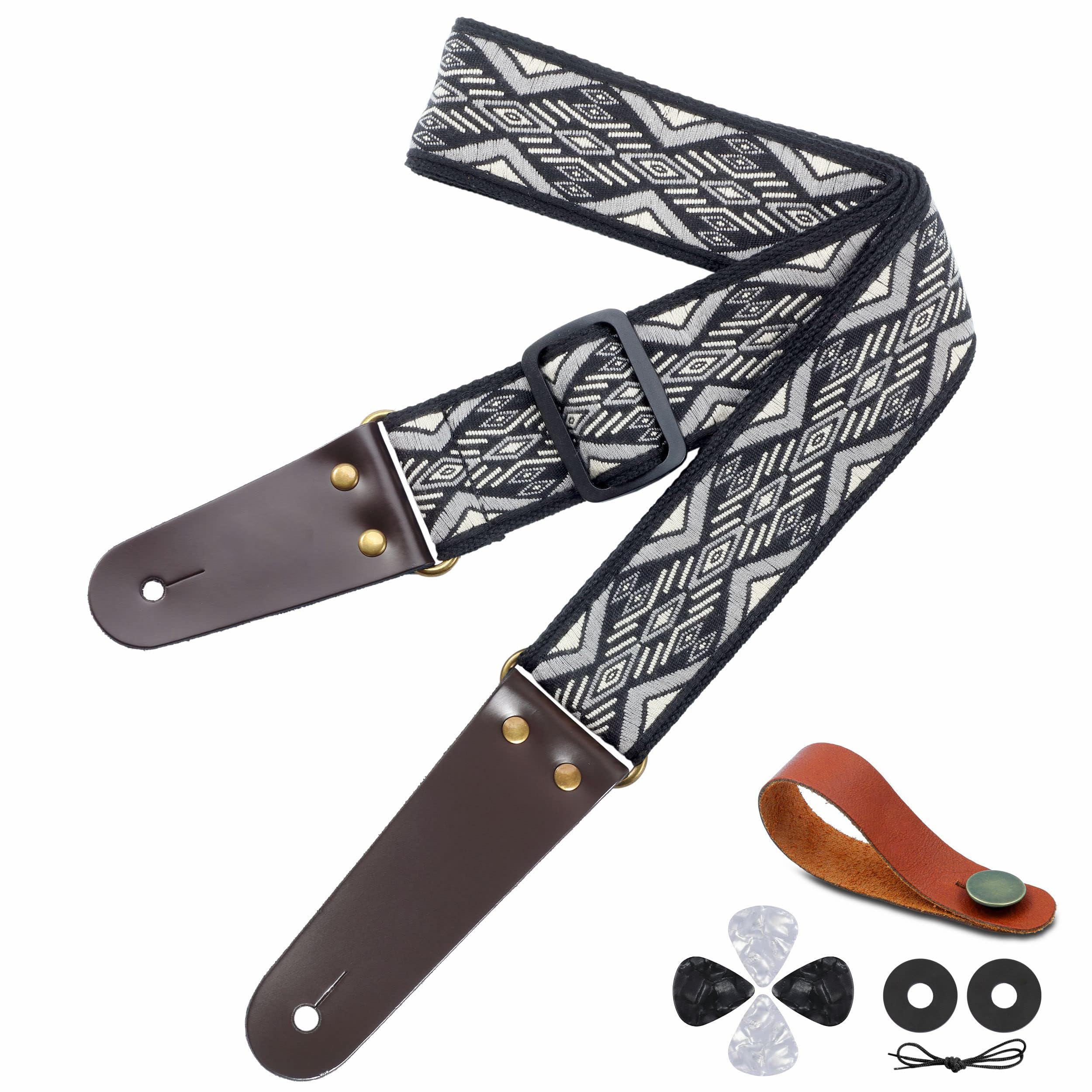 MAKINGTEC Guitar Strap, Vintage Cotton Guitar Straps with Genuine Leather Ends for Bass, Electric & Acoustic Guitars, Come with Free Strap Button, 1 Pair Strap Locks and 4 Guitar Picks