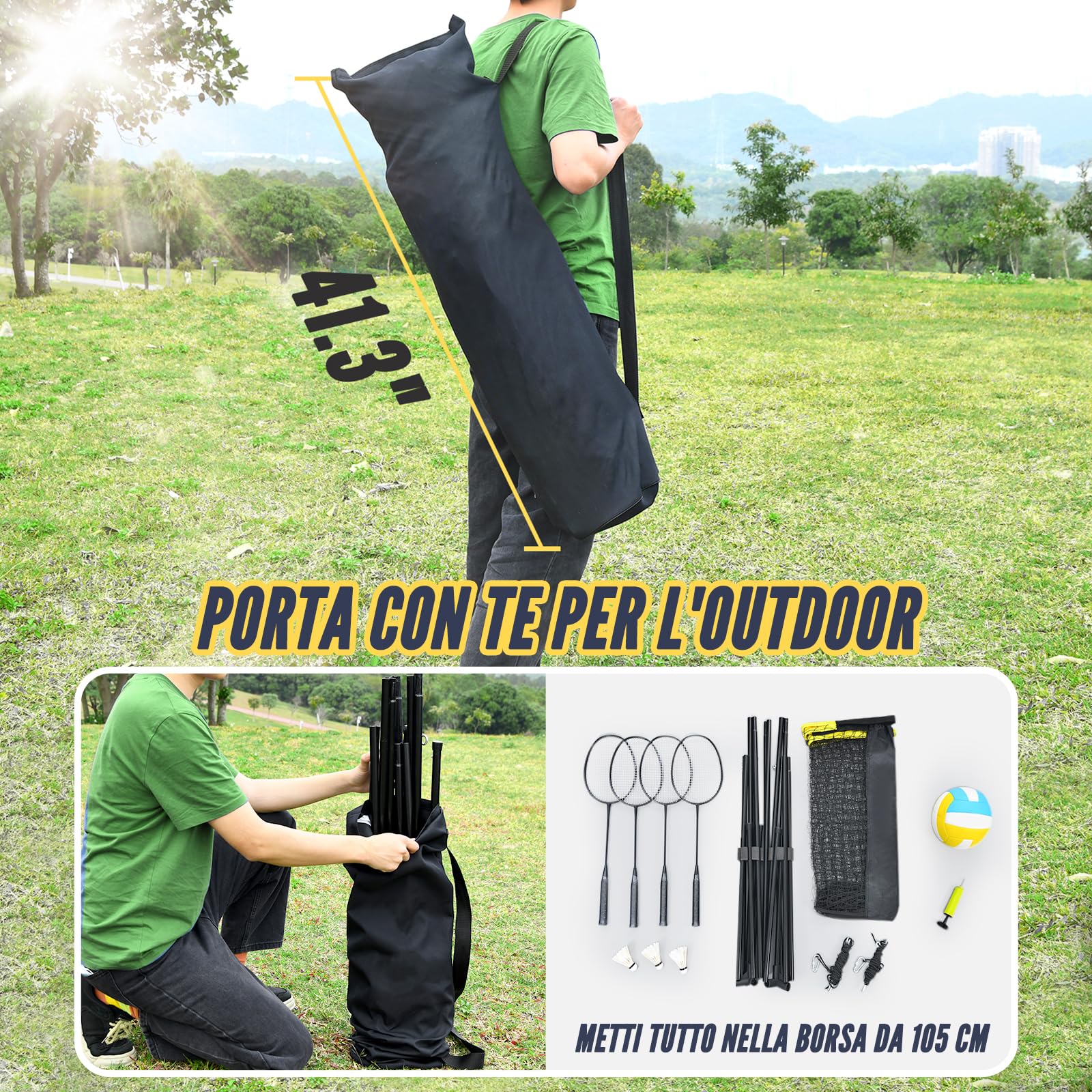 Vanku Rete da Pallavolo Professionale con Rete da Badminton, Set Combinato di Reti da Tennis con Pali, Pallavolo, Palle di Piuma d'Oca da Badminton, Altezza Regolabile, Facile Installazione