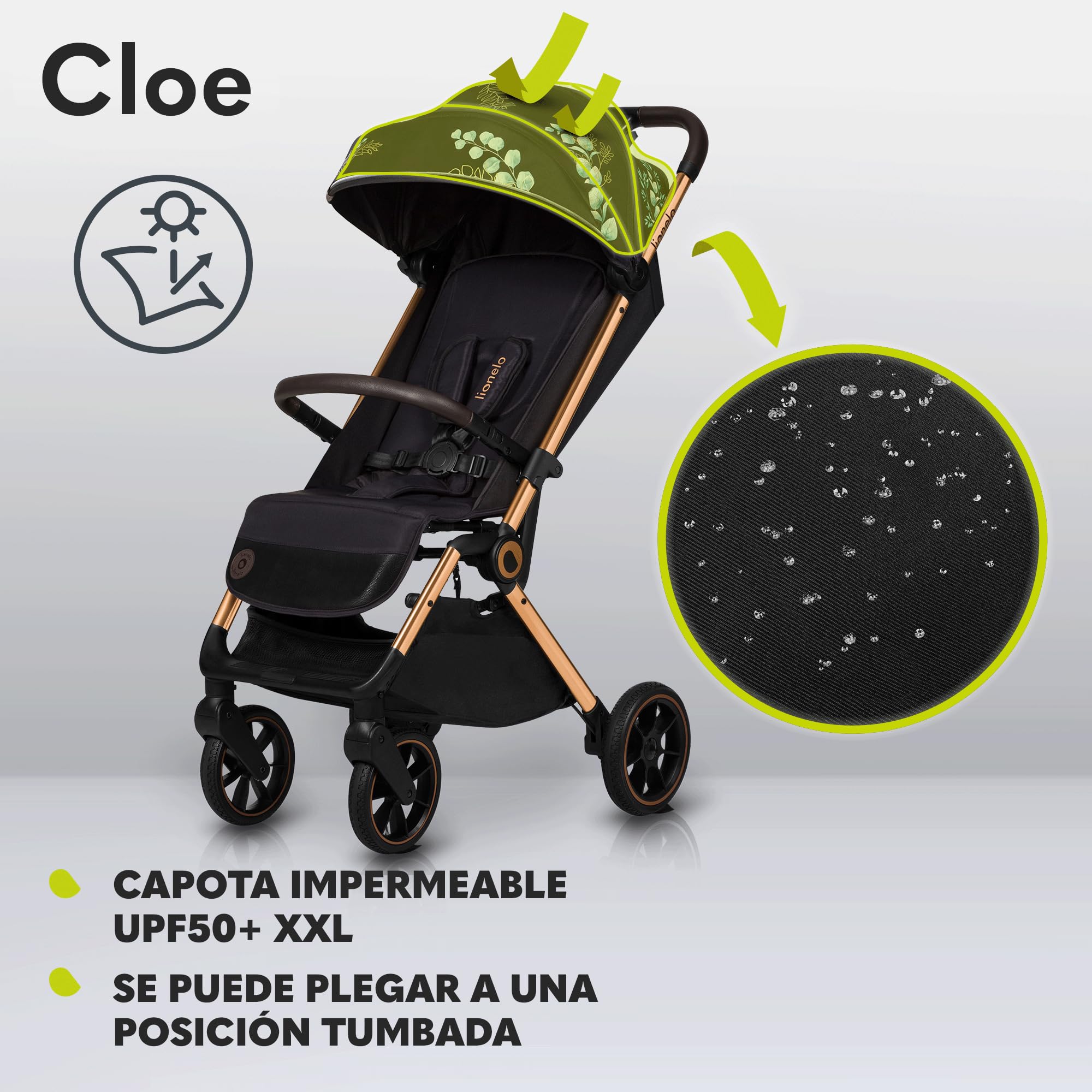 LIONELO Cloe Cochecito Plegable hasta 22 kg, Respaldo Ajustable Función Dormir, Arnés de 5 Puntos Ruedas Portavasos Ligero Compacto Impermeable, sillita, silla paseo ligera (golden moments) | Plegado compacto, arnés de 5 puntos, respaldo ajustable, ruedas