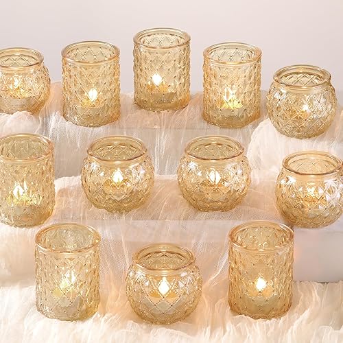 DARJEN Portavelas votivas doradas, 12 unidades, portavelas de cristal para centro de mesa, candelabros de luz de té de vidrio para bodas, decoración
