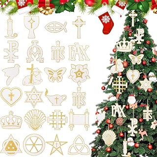 24 Pcs Christmas Wooden Ornaments White Golden Christian Hanging Ornament Decorations for Xmas Tree Religious Holiday Party Decor