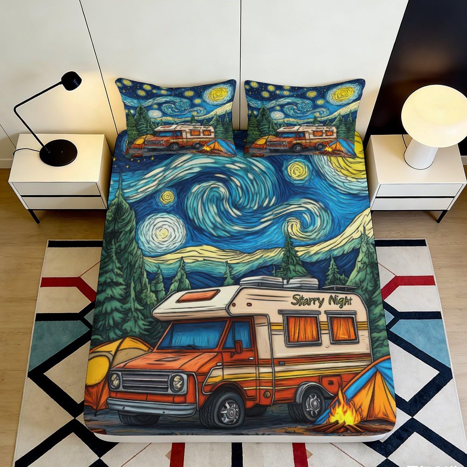3D Printed Starry Sky Fitted Sheet Microfiber Artistic Camper Bed Cover for Bedroom Guest Room Dorm Decor 90x200x25cm