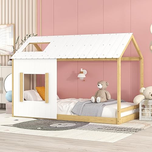 Harper Bright Designs Cama de casa para niños de tamaño individual cama de suelo Montessori individual con techo y ventana marco de cama individual