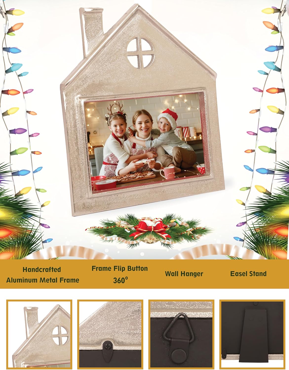 AHC HOME & LIVING Christmas 6x4 Silver Picture Frame - Handcrafted Metal House Design for Tabletop & Wall Display - Ideal for Decoration & Gifting - Fits 6x4 Photos