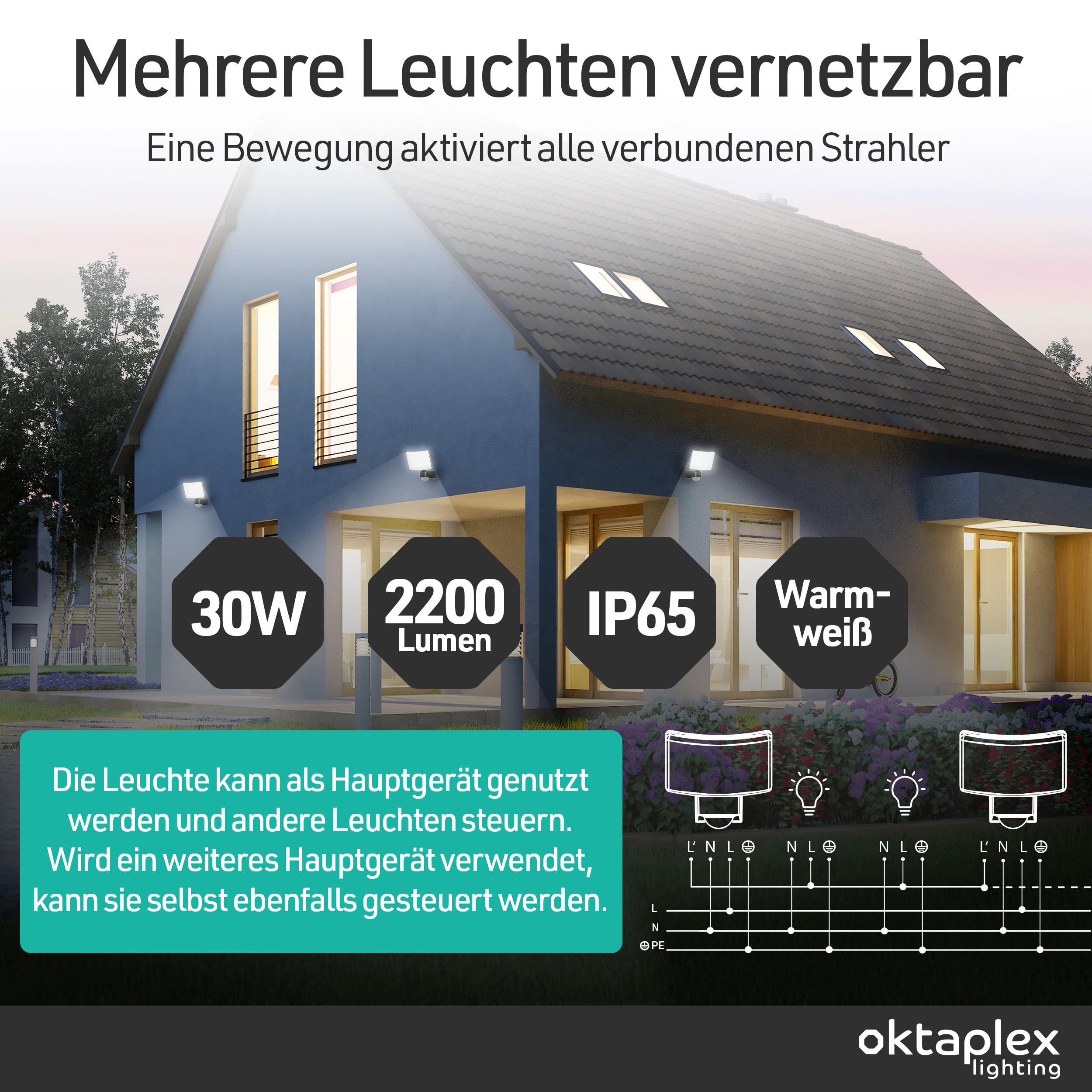 Oktaplex Cali Außenlampe mit Bewegungsmelder 2200lm warmweiß 3000K | Außenstrahler anthrazit IP65 Master Funktion
