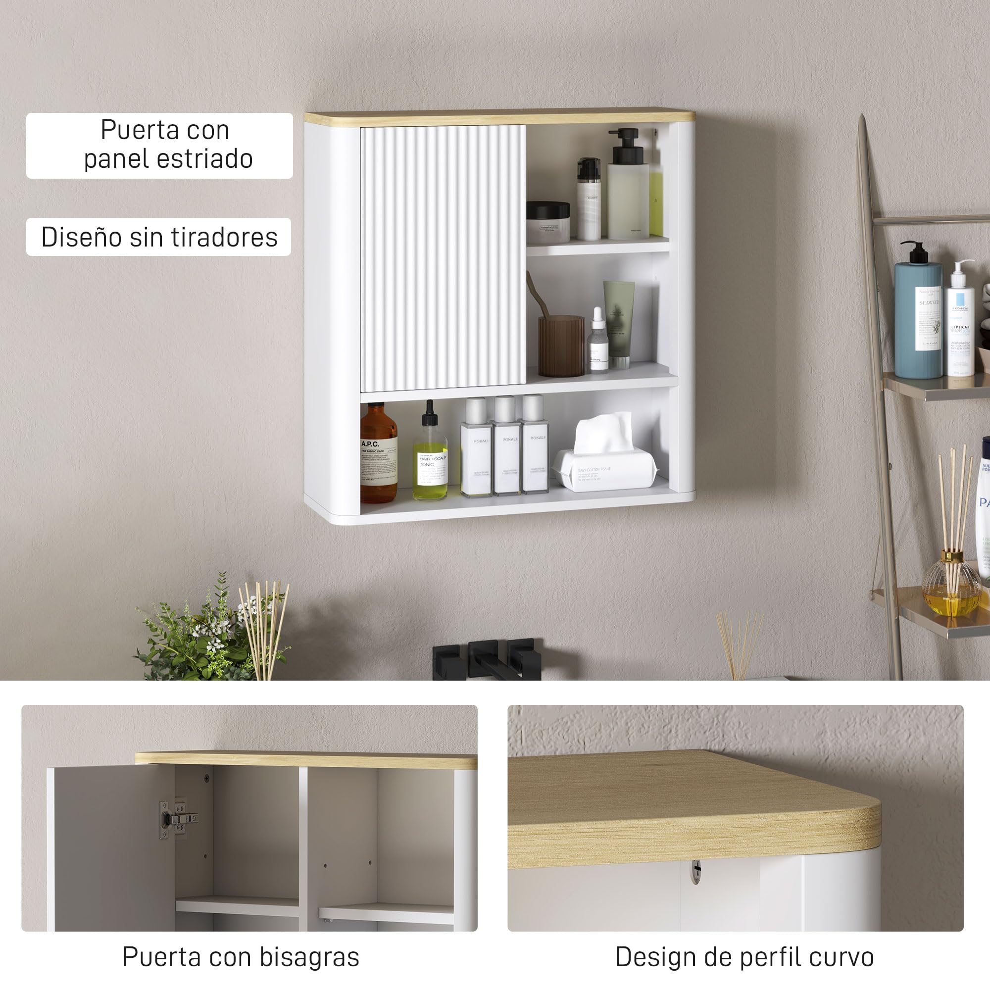 HOMCOM Armario de Baño de Pared Mueble de Baño Colgar con Estantes Ajustables Puerta Corredera Compartimentos y Diseño con Perfil Curvo 60x20x62 cm Blanco