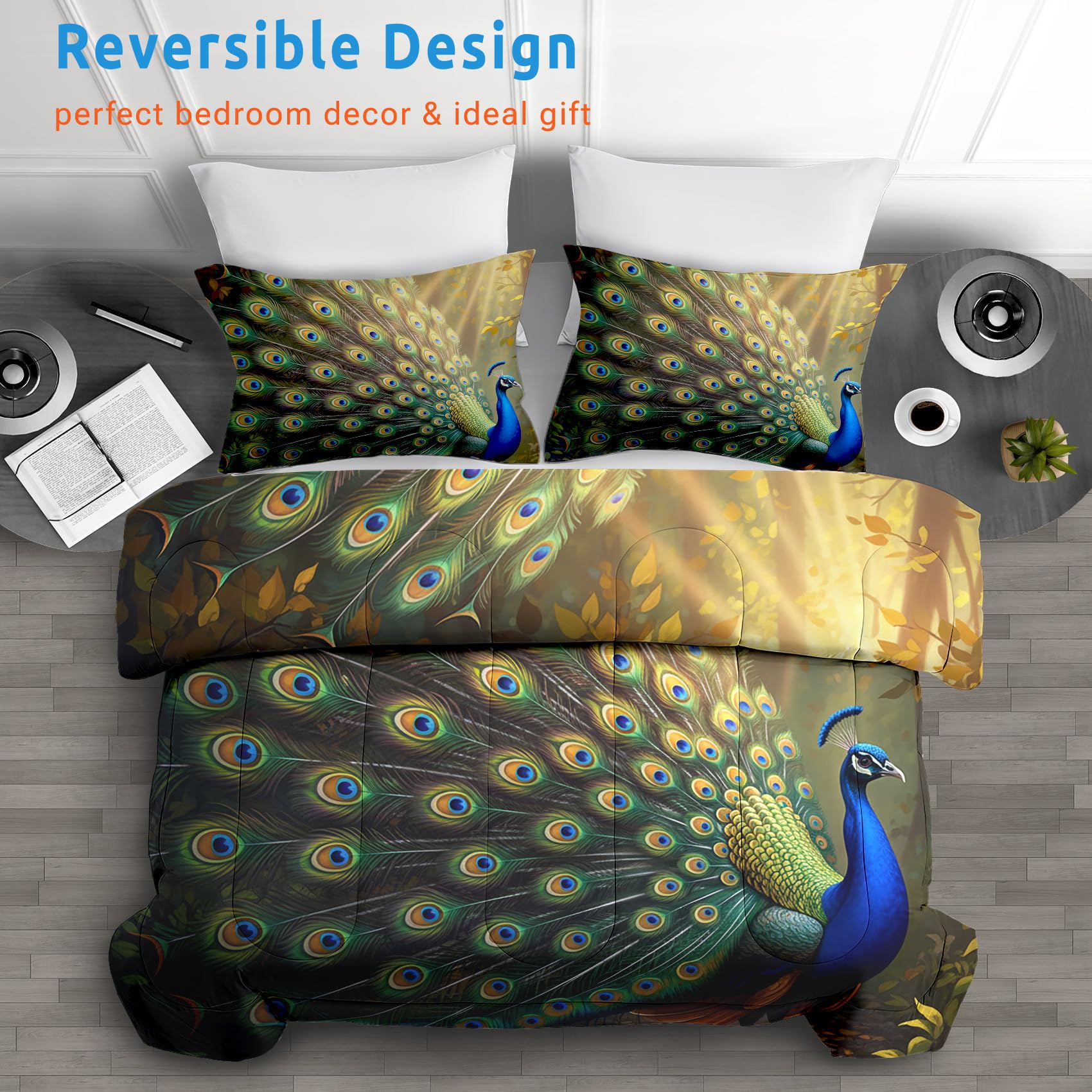 Bettdecke 200x220 Pfau - Pfauenfeder Deko, 4 Jahreszeiten Bettdecken 200 x 220, Steppdecke Ohne Bezug Nutzbar, Warme & Weiche Ganzjahresdecke mit 2 Kissenbezug