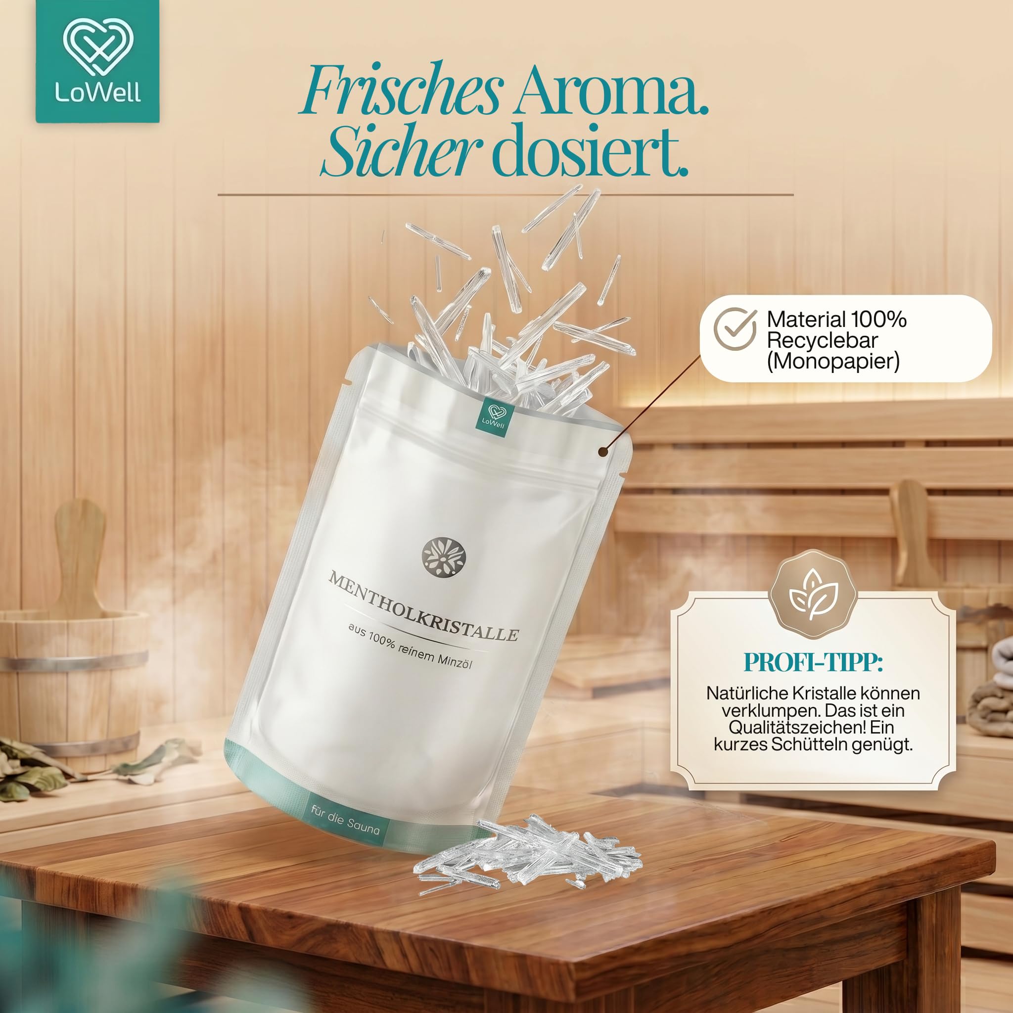 LoWell® 100g Cristales de mentol 100% menta pura - Ideal como infusión para sauna - Bolsas recerrables - Mentol